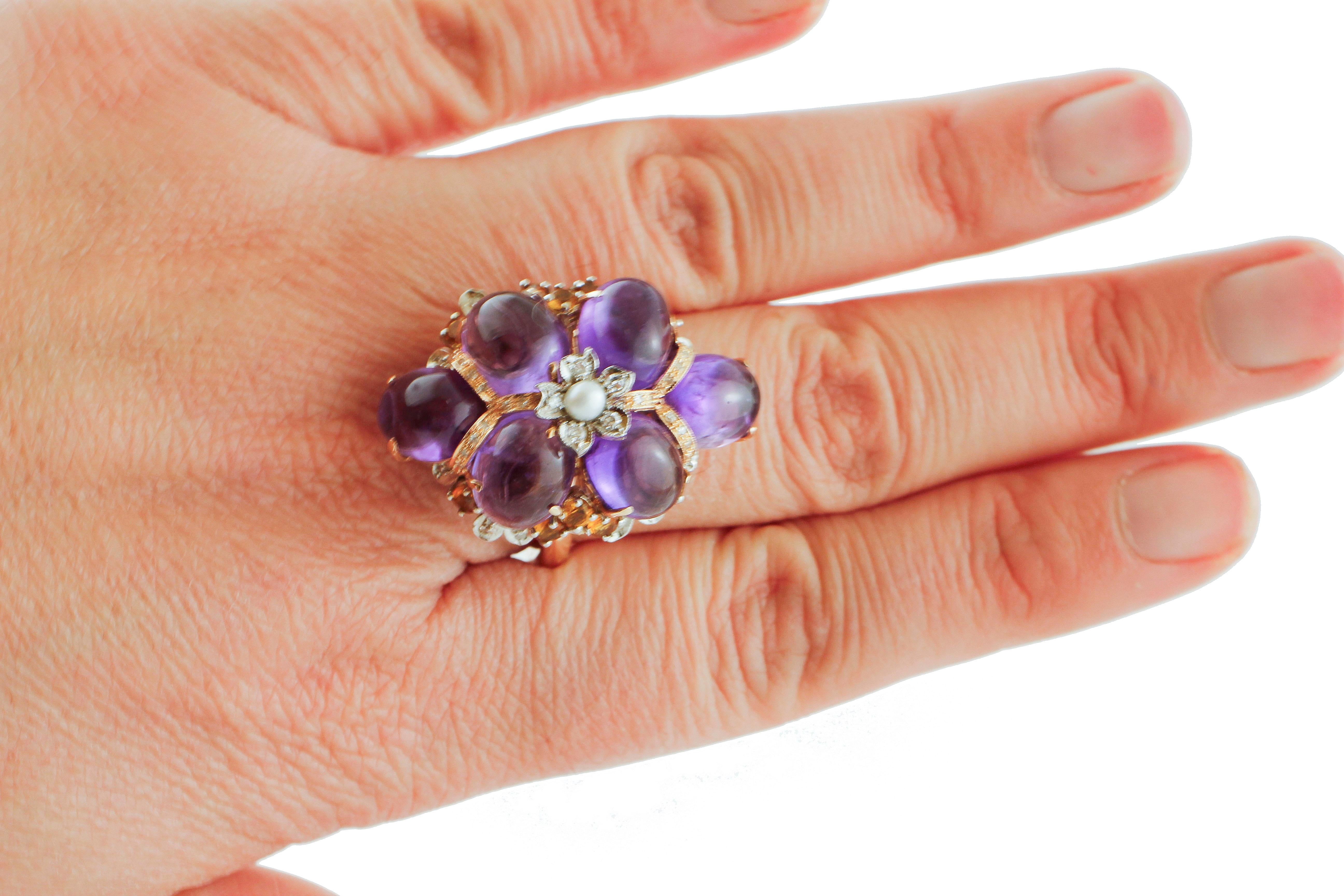 Mixed Cut Diamonds, Amethyst, Yellow Topaz, Pearl, Rose and White Gold Cluster Retrò Ring For Sale
