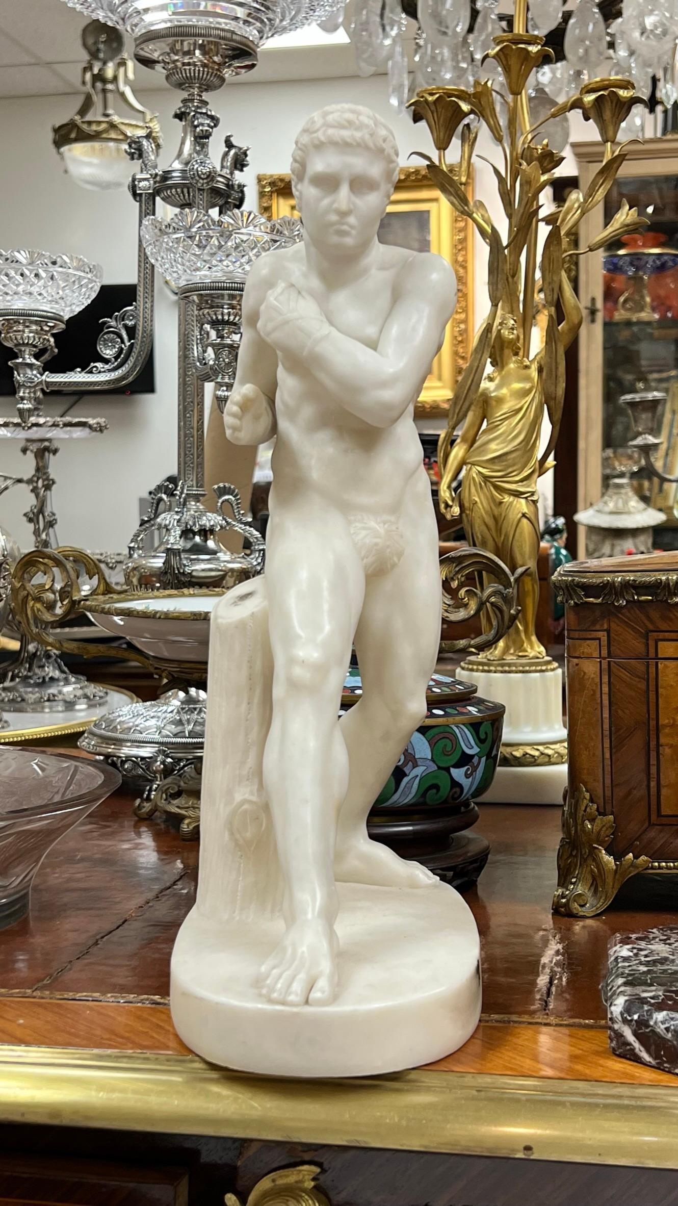 Our Grand Tour period Italian marble sculpture after Antonio Canova depicts the Greek wrestler, Damoxenos. 15.5 in (39.3 cm) height and apparently unsigned, this is one of the finest 19th century Grand Tour pieces in marble we have ever seen,