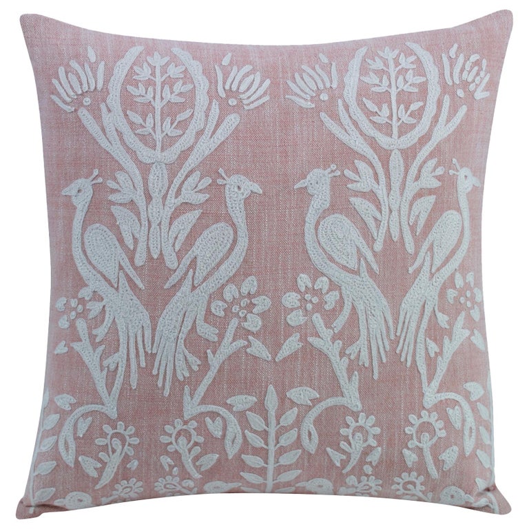 Dampier Hand Embroidered Accent Pillow With Peacock Motif By