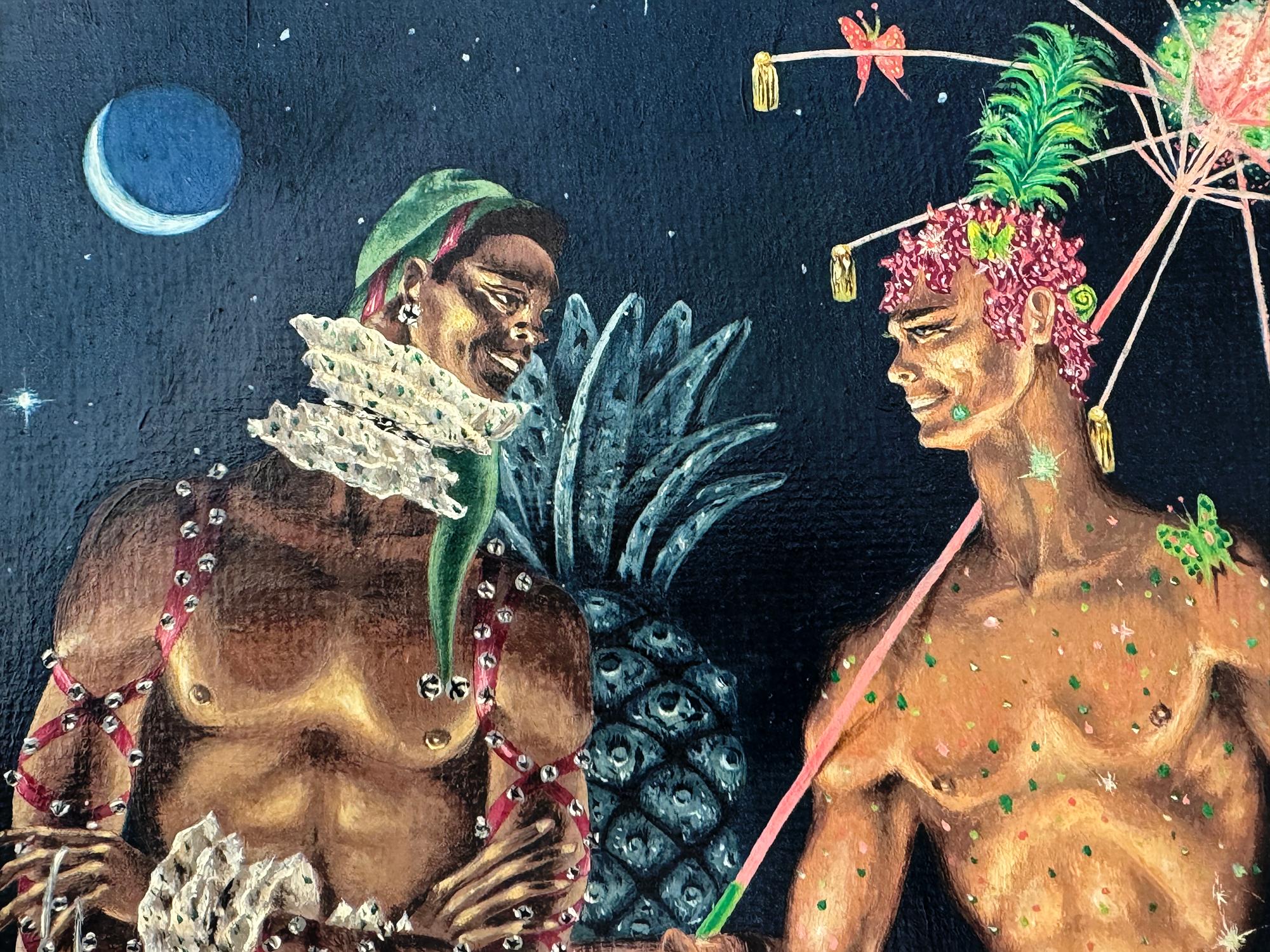 La presente obra de mediados de siglo presenta dos tabúes en un solo cuadro. En 1949, estaba prohibido dar glamour a la vida gay y aún más prohibido mostrar el amor interracial. Esta obra de Dan Atkinson combina ambas cosas bajo la apariencia de un
