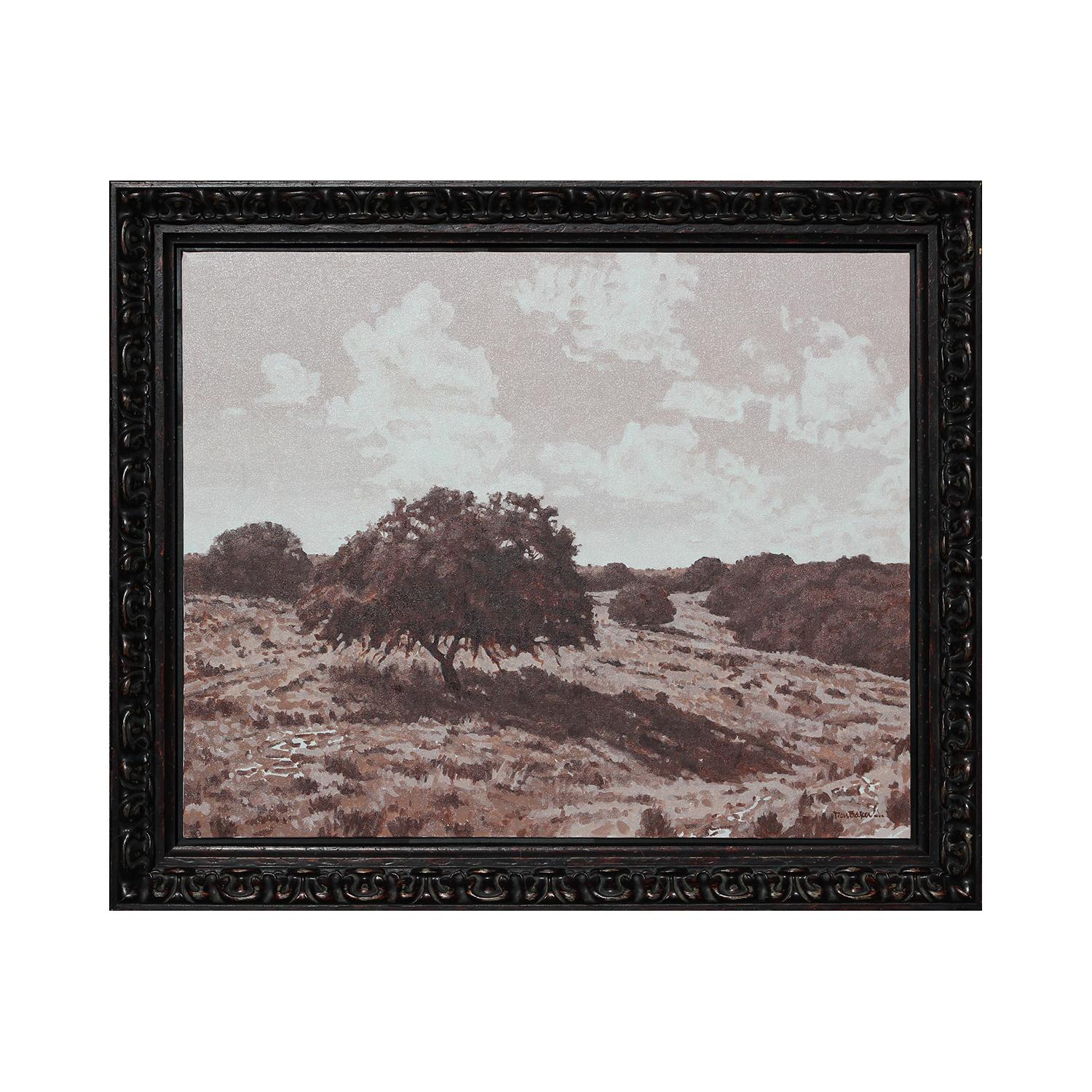 Impressionistisches Sepiafarbenes getöntes pastorales Hügel-Landschaftsgemälde mit Bäumen – Painting von Dan Baker