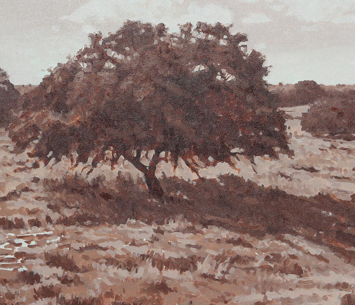 Impressionistisches Sepiafarbenes getöntes pastorales Hügel-Landschaftsgemälde mit Bäumen (Impressionismus), Painting, von Dan Baker