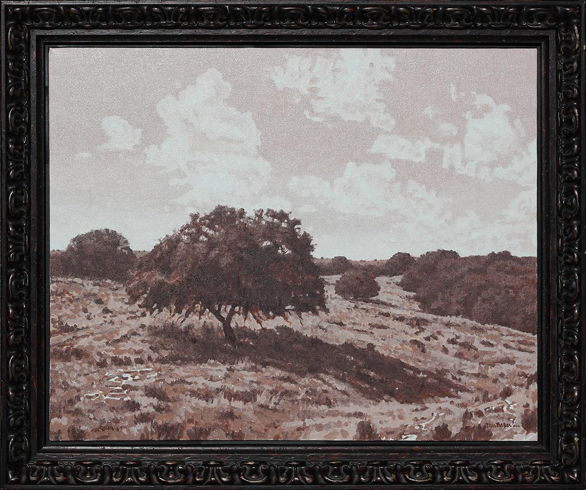 Dan Baker Abstract Painting – Impressionistisches Sepiafarbenes getöntes pastorales Hügel-Landschaftsgemälde mit Bäumen
