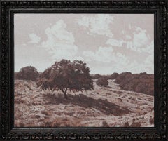 Vintage Impressionistic Sepia Toned Pastoral Hill Country Landscape Painting with Trees