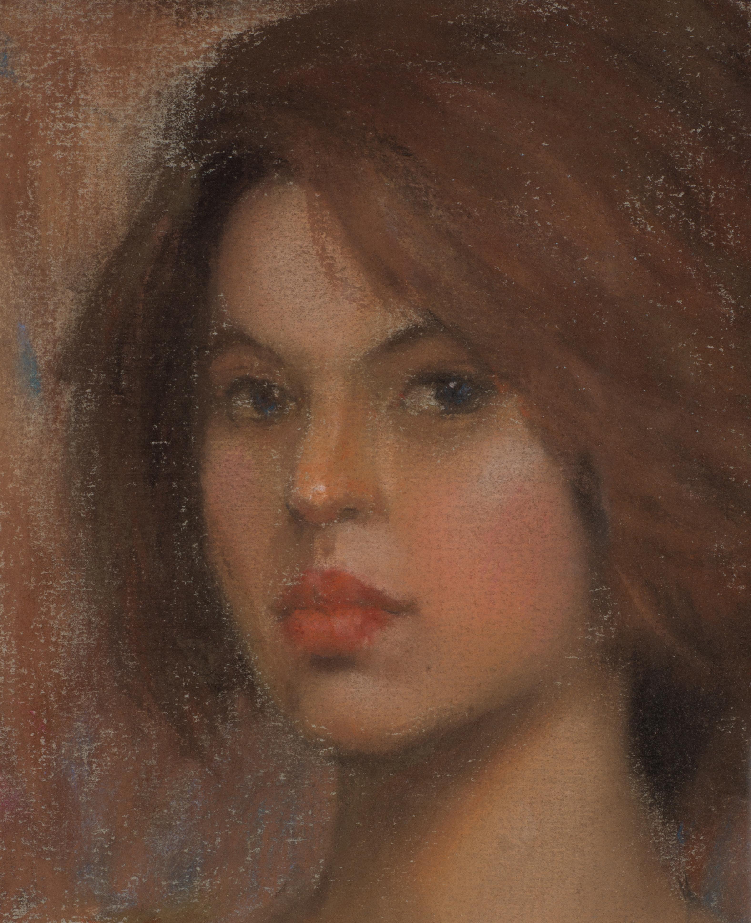 „Rebecca“, Original pastellfarbenes Gemälde (Braun), Portrait Painting, von Dan Beck
