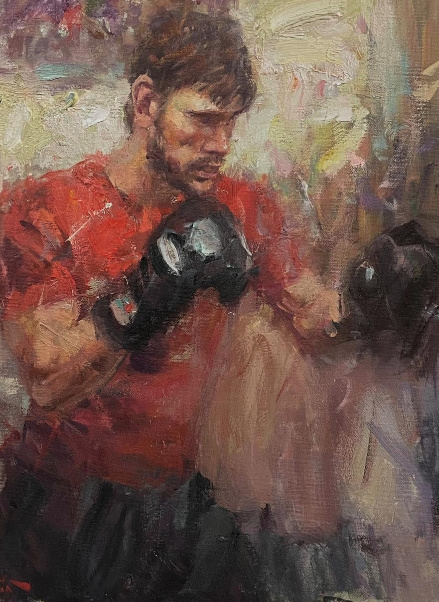 The Workout, Ali Akhmedov , Churchill Boxing, Oil, American Artist, Figurative  - Painting by Dan Beck