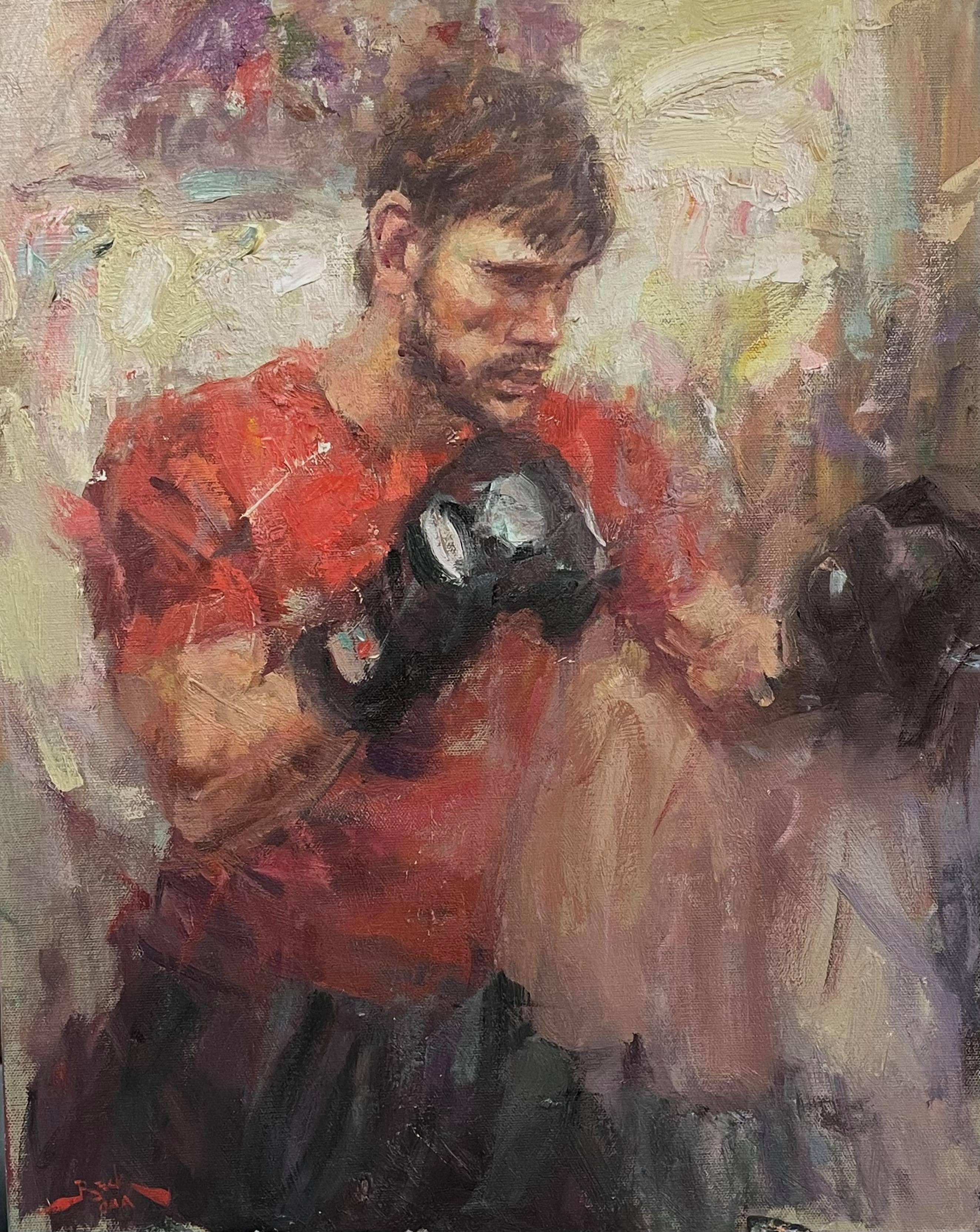 Dan Beck Portrait Painting - The Workout, Ali Akhmedov , Churchill Boxing, Oil, American Artist, Figurative 