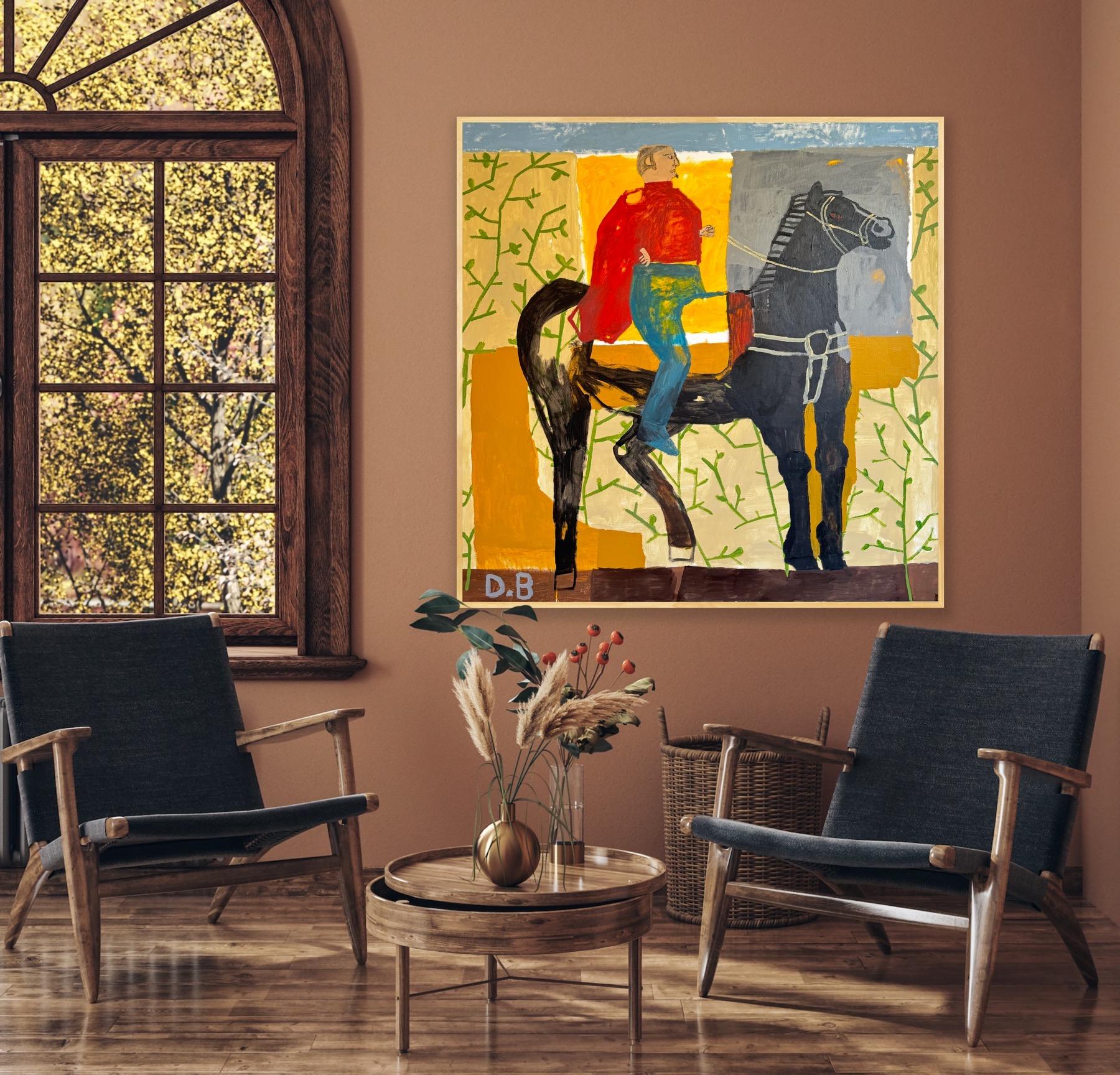 Certainsones Stuntman, peinture originale, cowboys, paysage, chevaux - Marron Animal Painting par Dan Bloodworth