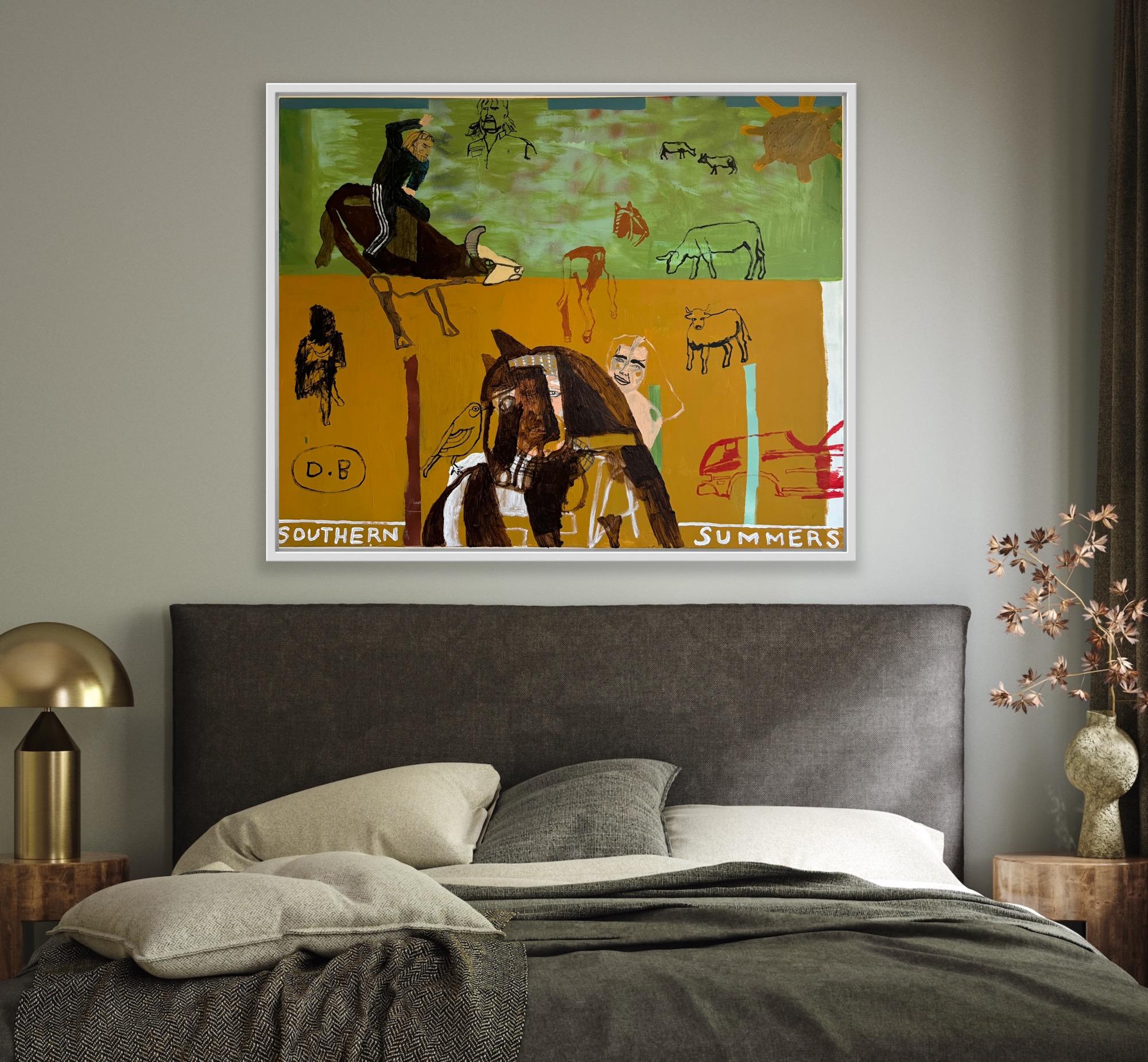 Souther Summers, Original painting, Cowboys, Landscape, Horses - Brown Landscape Painting by Dan Bloodworth
