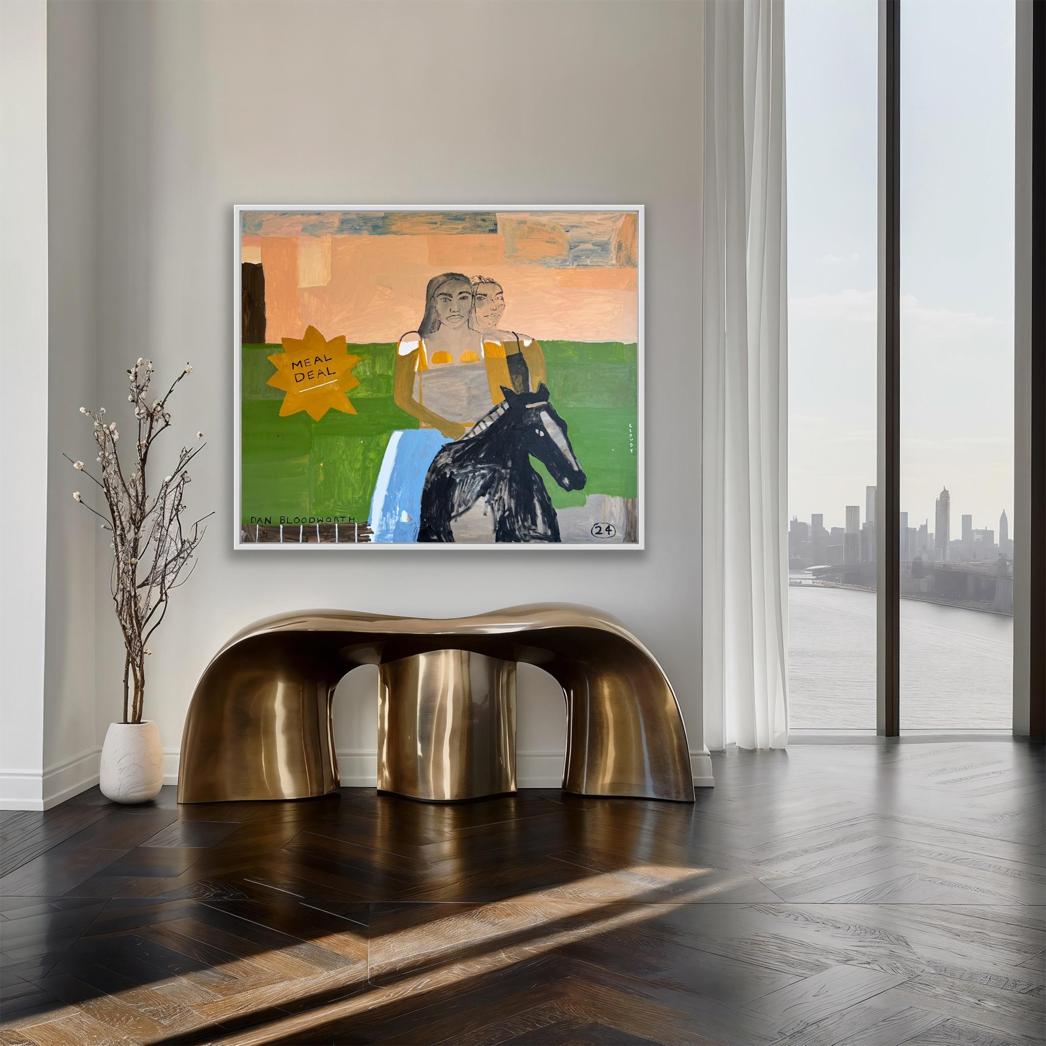 Staffy Side Eye, Original painting, Cowboys, Landscape, Horses - Modern Painting by Dan Bloodworth