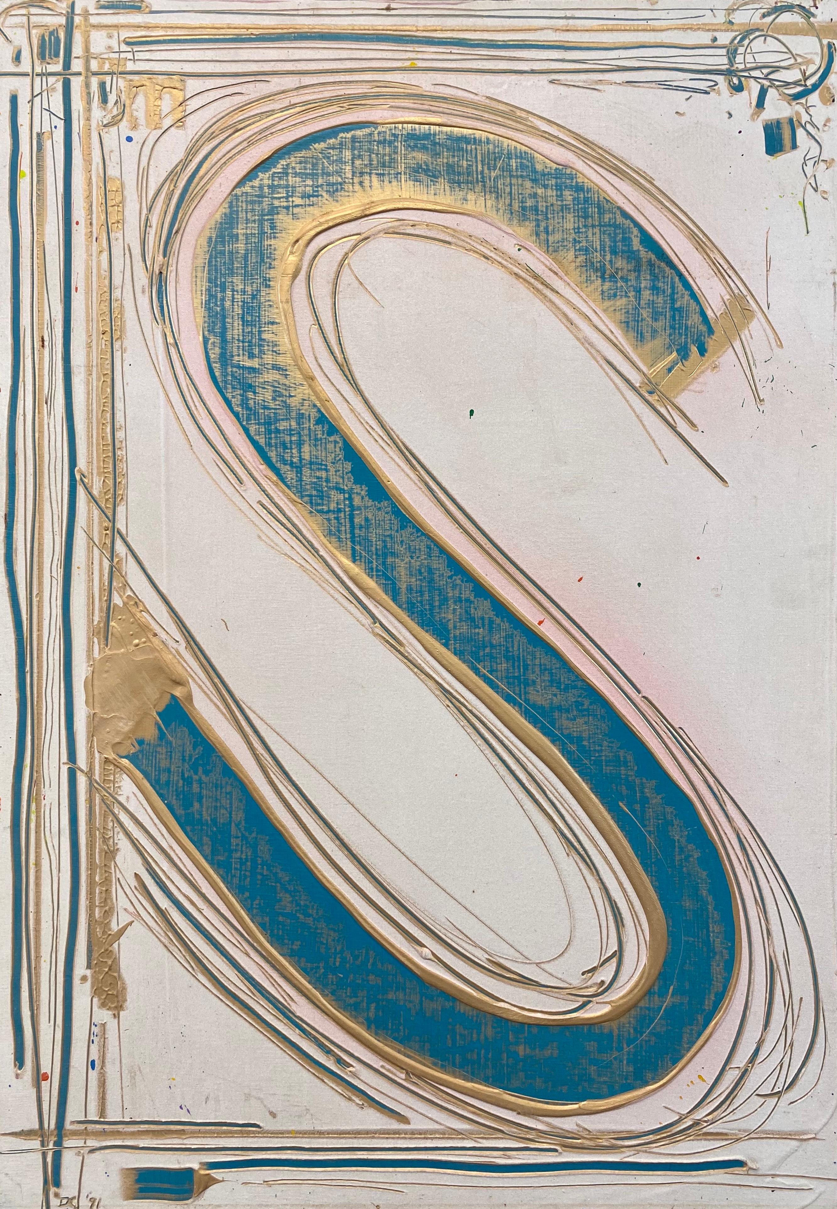 This work is an excellent example of Christensen’s “scrape” paintings. Here Christensen builds up thick layers of paint, which he attacks with a squeegee to reveal the contrasting colors hidden underneath (in this case an incandescent blue and