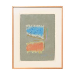 ""Untitled"" - Monotype abstrait de champ de couleur bleue et orange sur fond gris