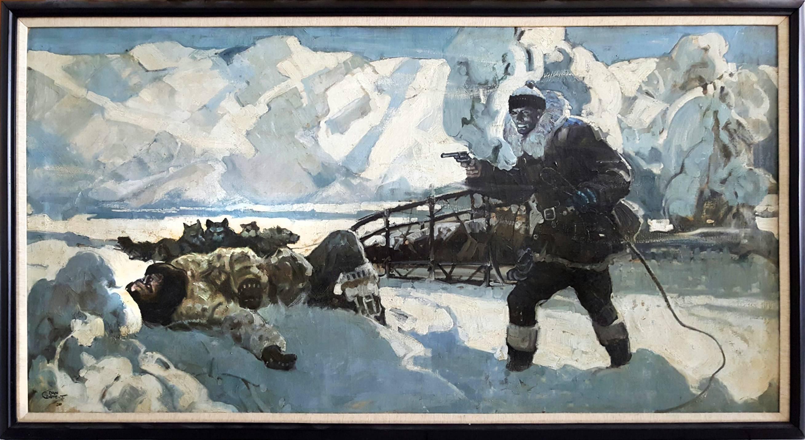 Alaskanische Husky-Hunde  - The Howl of the Malamute - Herren-Abenteurergeschichte – Painting von Dan Content
