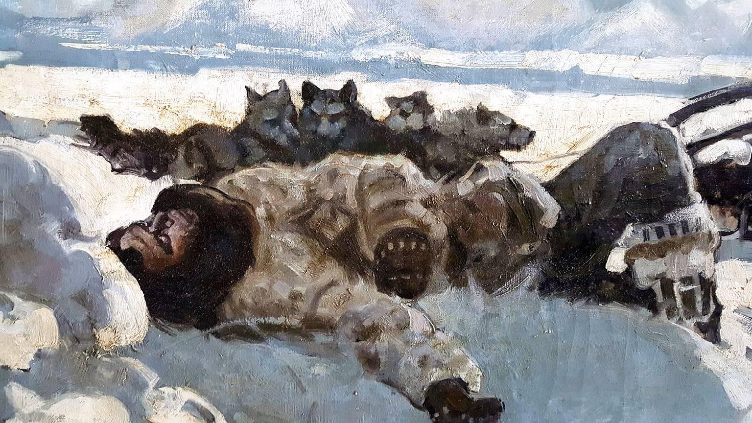 Dogs Husky d'Alaska  - The Howl of the Malamute - L'histoire d'aventure des hommes - Gris Landscape Painting par Dan Content