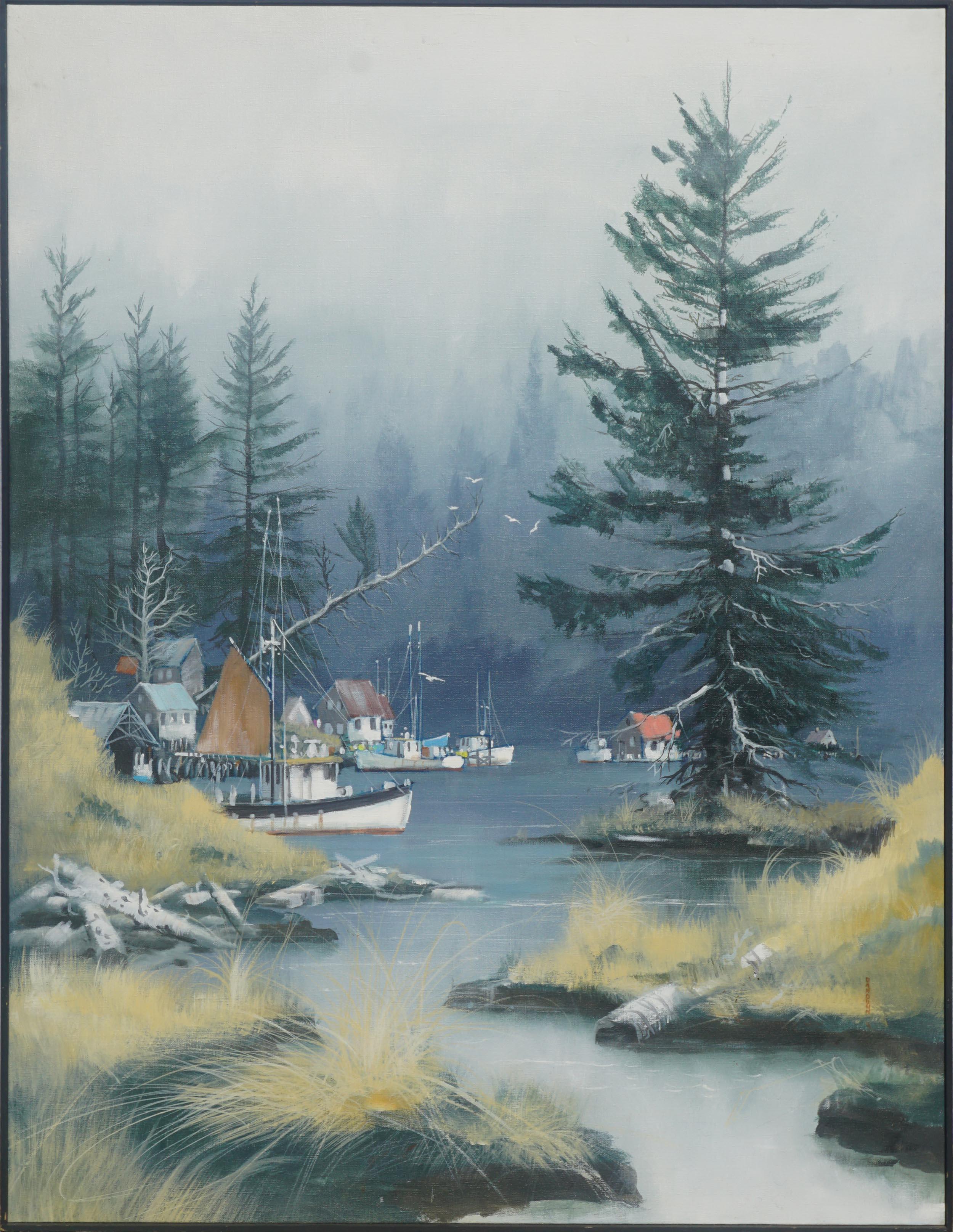 Dan Dunn Landscape Painting - Large Scale Alaska Fishing Village Landscape