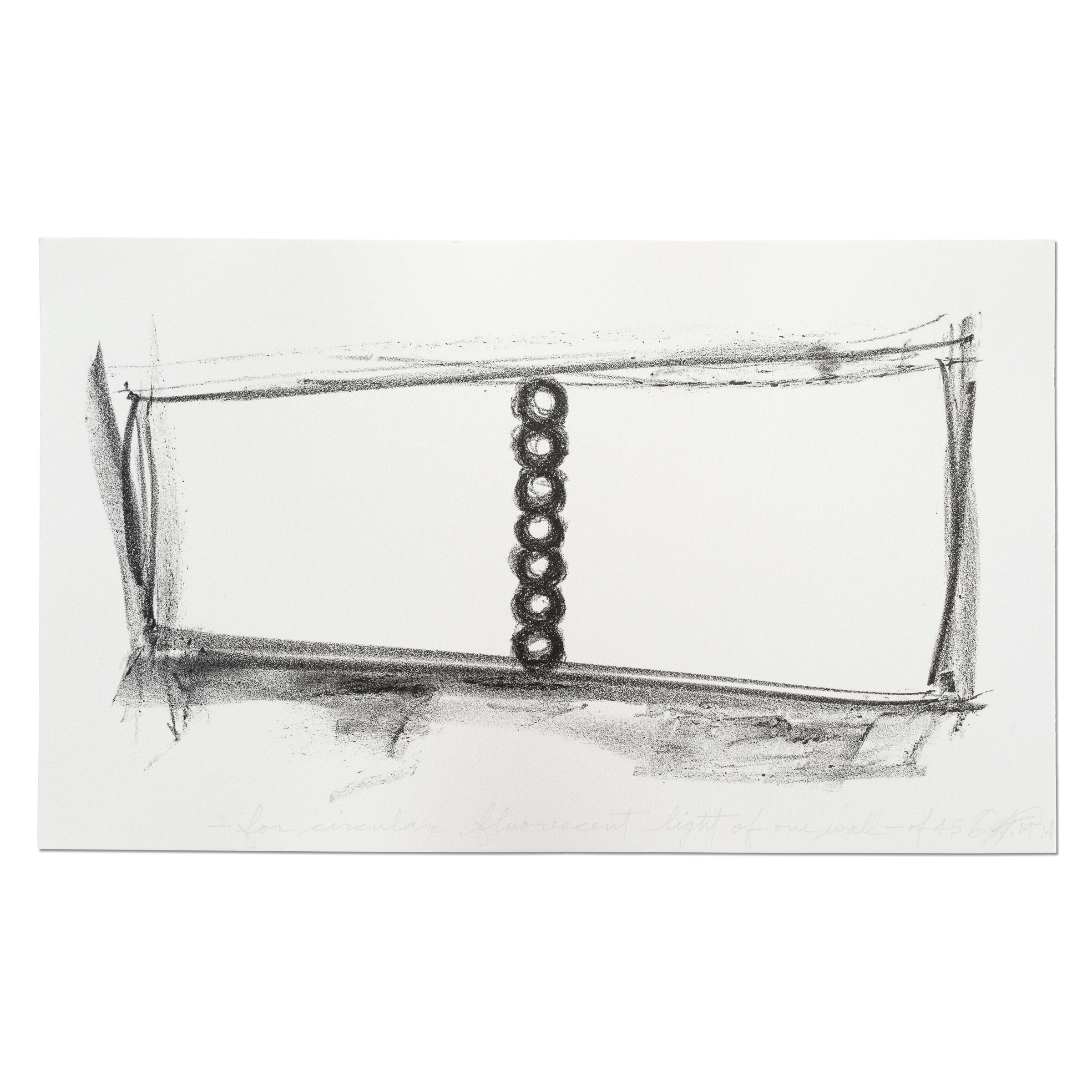 Dan Flavin (américain, 1933-1996)
Pour l'éclairage fluorescent circulaire d'un mur, 1974
Médium : Lithographie sur papier vélin
Dimensions : 18,5 x 31,5 cm : 18,5 x 31,5 cm
Édition de 45 : signée, titrée et datée à la main
Éditeur : Galerie Heiner