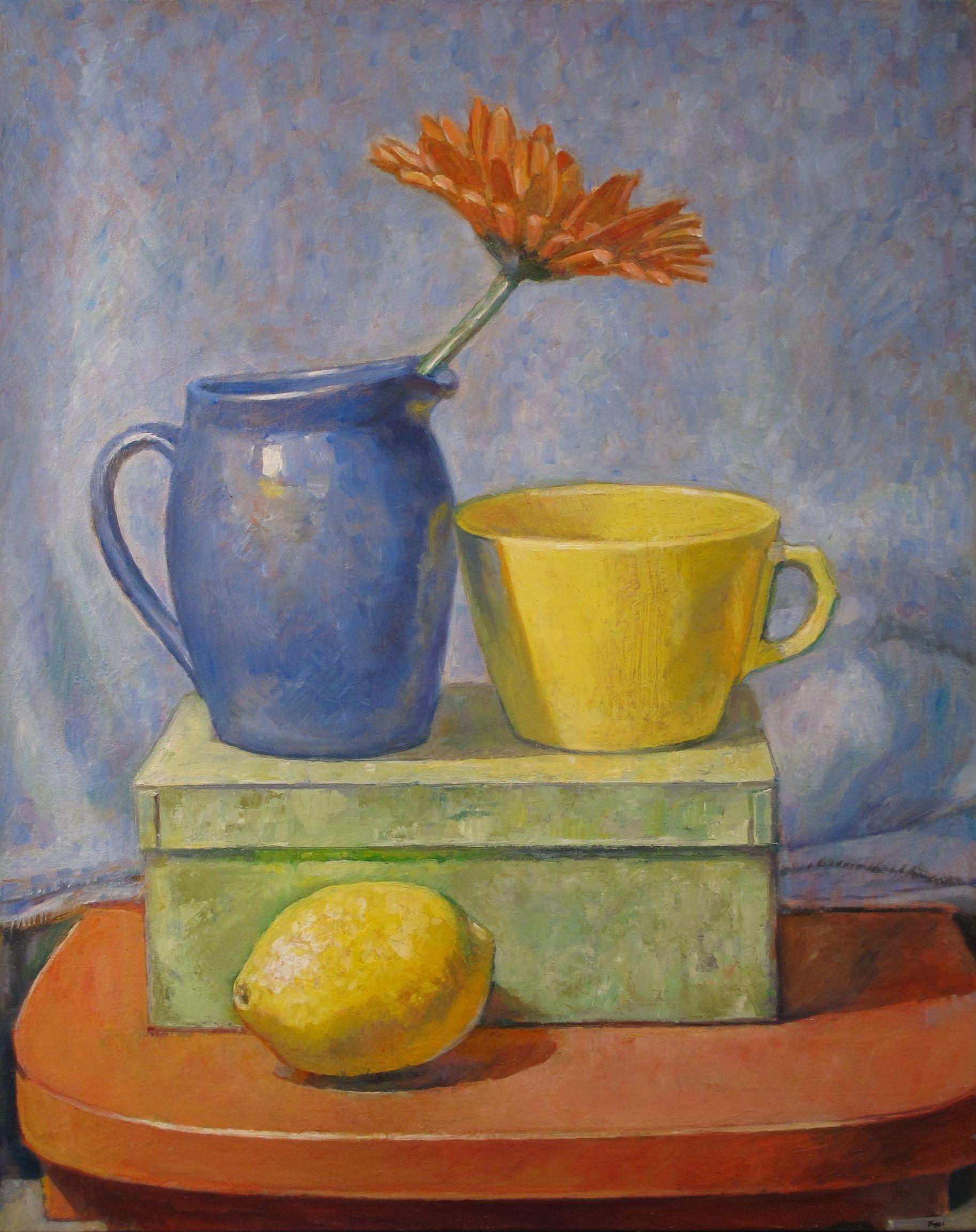 Color still-life with daisy and lemon :: Painting :: Realism :: This piece comes with an official certificate of authenticity signed by the artist :: Ready to Hang: Yes :: Signed: Yes :: Signature Location: back :: Canvas :: Landscape :: Original ::