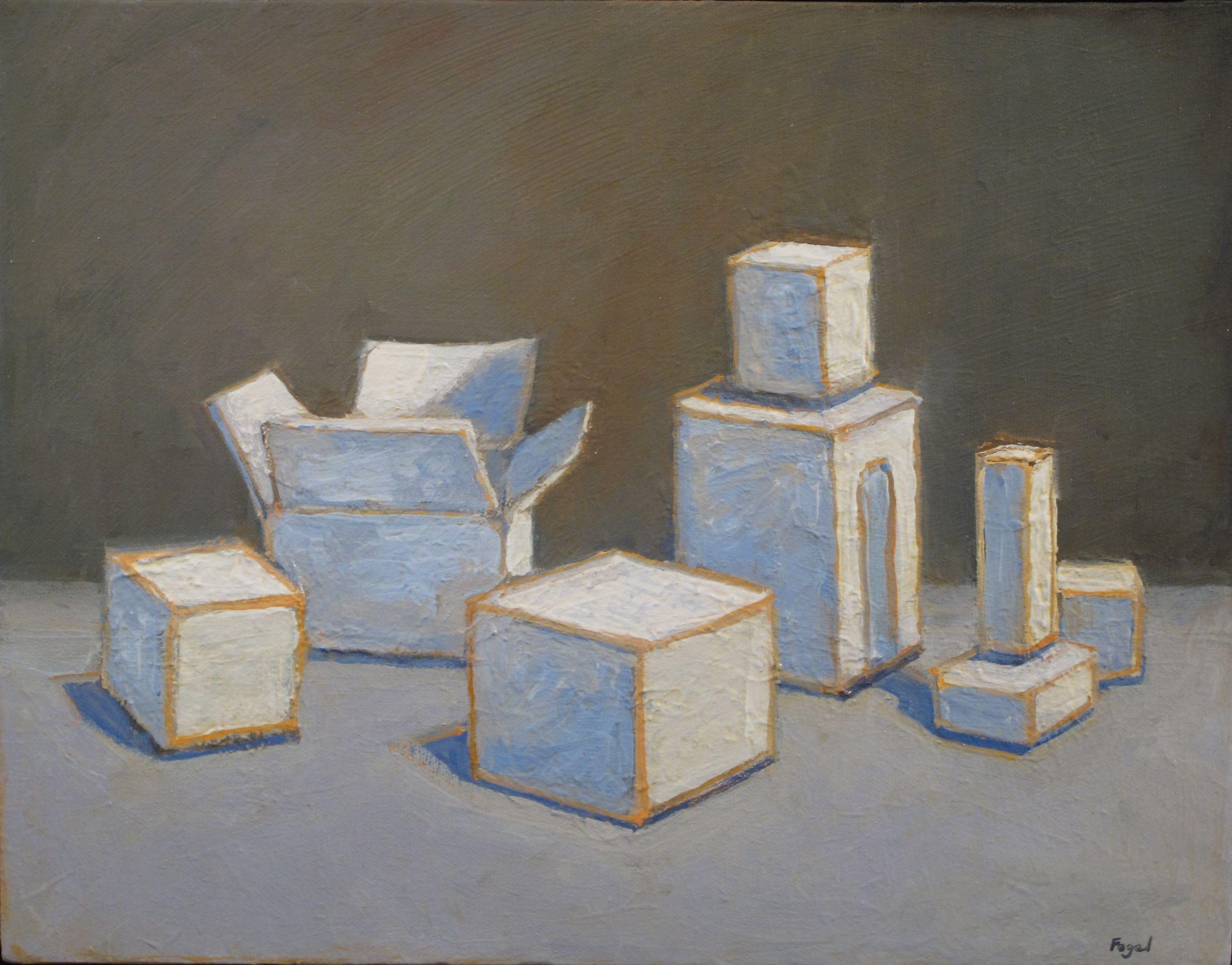 Contemporary still-life of boxes :: Painting :: Contemporary :: This piece comes with an official certificate of authenticity signed by the artist :: Ready to Hang: Yes :: Signed: Yes :: Signature Location: front back :: Canvas :: Landscape ::