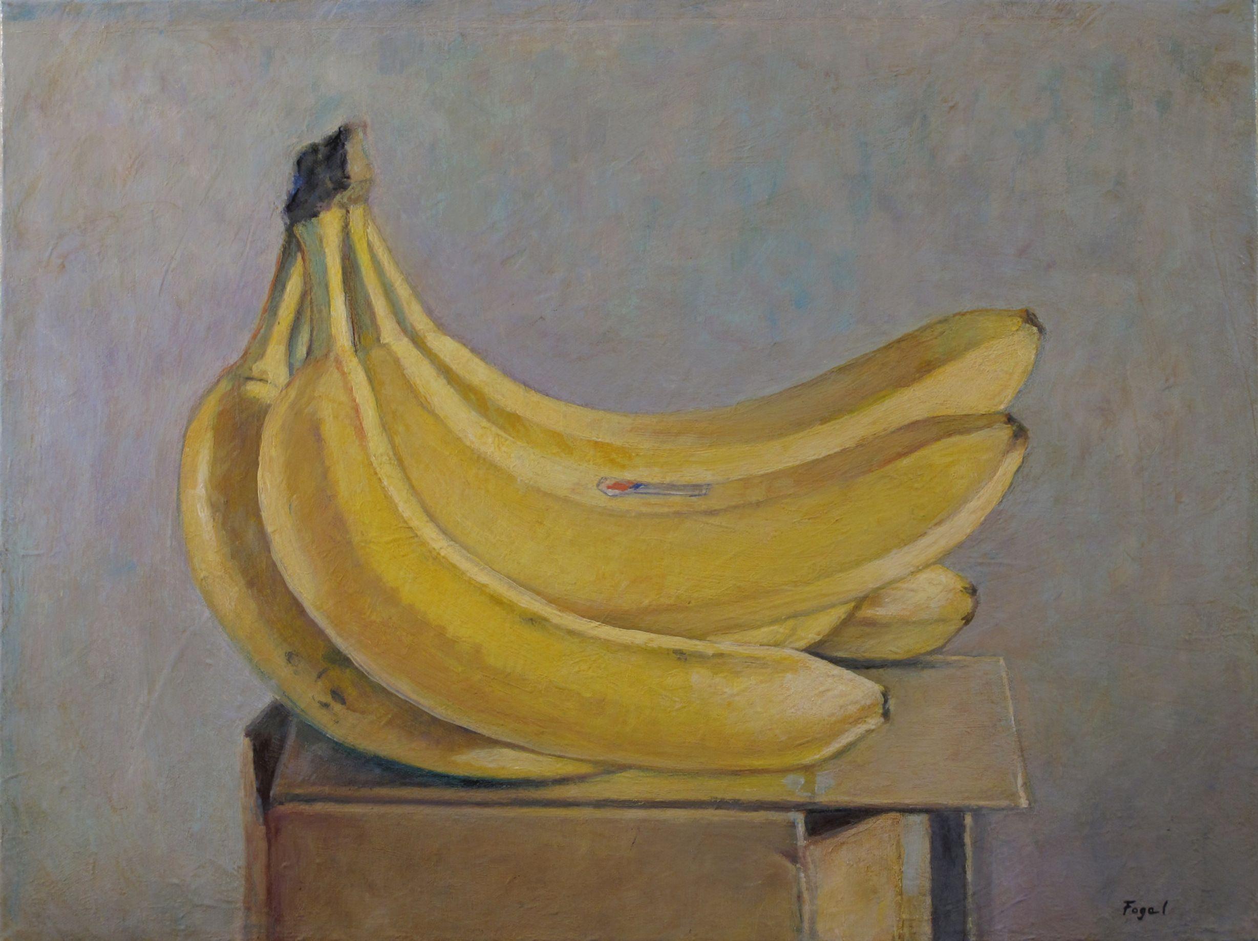 Bunch of bananas on a box :: Painting :: Realism :: This piece comes with an official certificate of authenticity signed by the artist :: Ready to Hang: Yes :: Signed: Yes :: Signature Location: front back :: Canvas :: Landscape :: Original ::