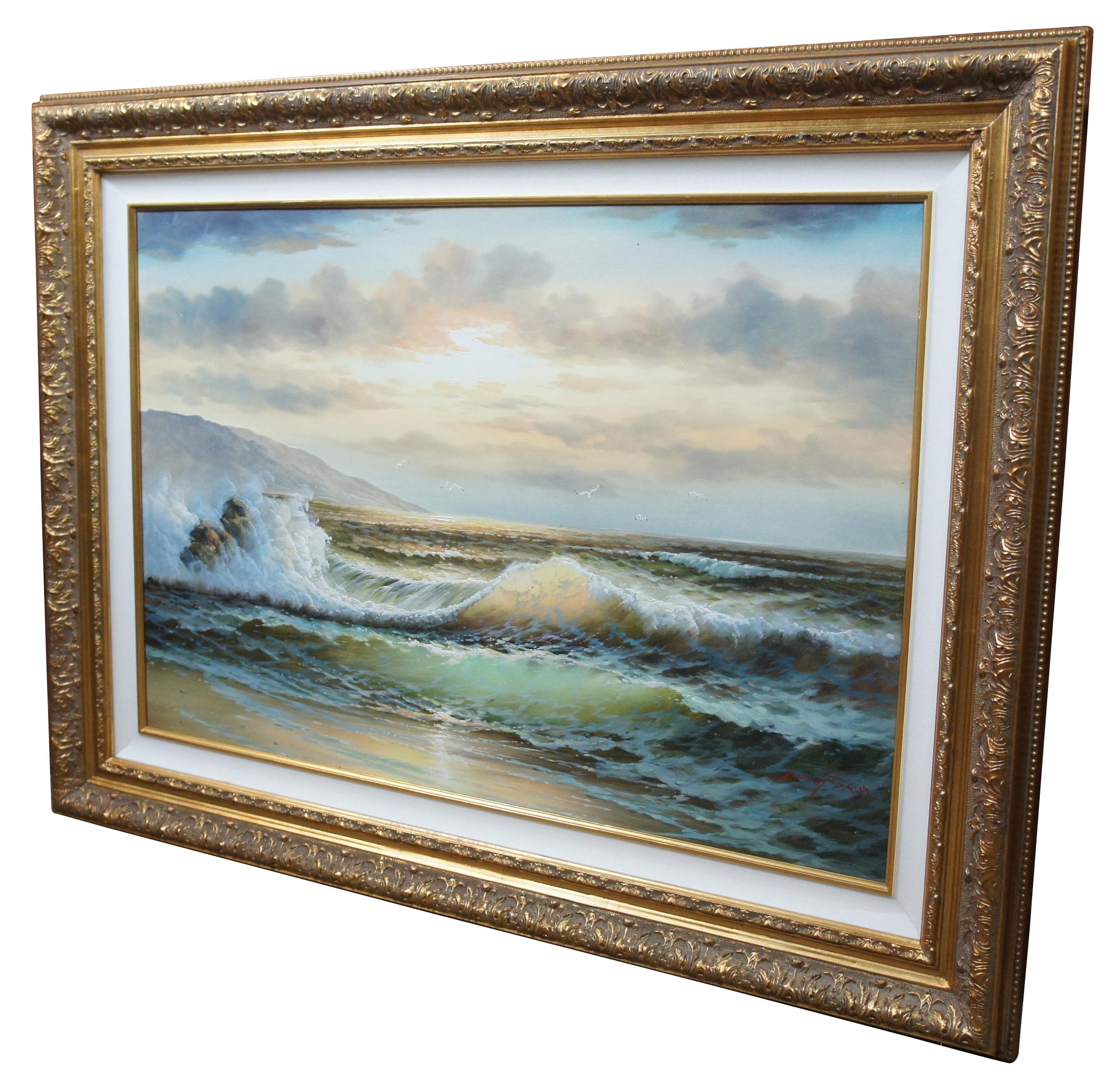 Dan Ford (20th Century) ocean seascape painting.  Featues waves crashing near rocks in the foreground.  Seagulls and land can be seen in the distance.  Dan Ford  graduated from Nanjing University and specialized in Landscapes.  
