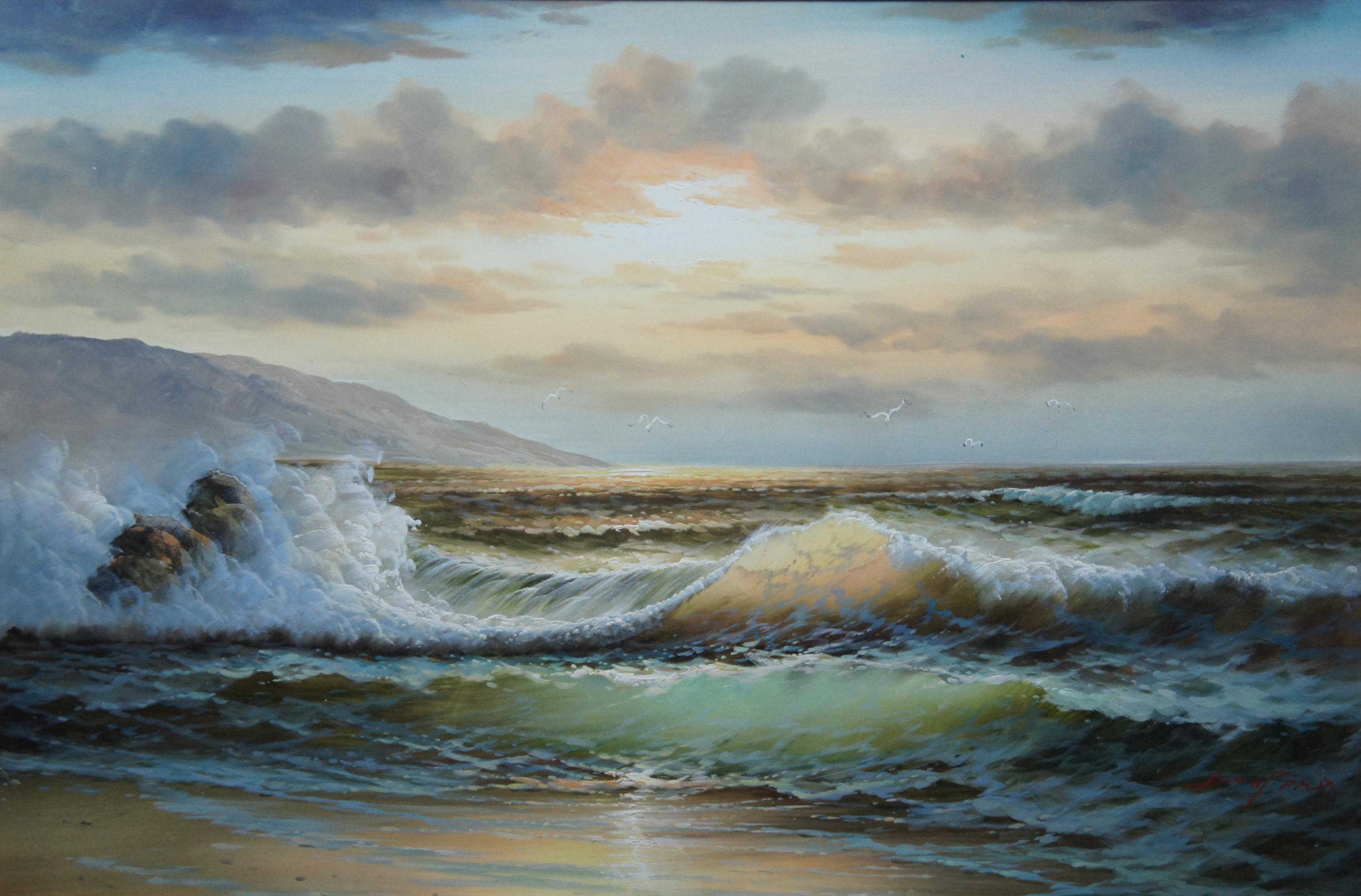 Dan Ford Ocean Waves Seascape Painting Realism Canvas Framed In Good Condition In Dayton, OH
