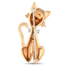 Dan Frere 14K Yellow Gold Diamond, Ruby, Onyx and Emerald Cat Brooch