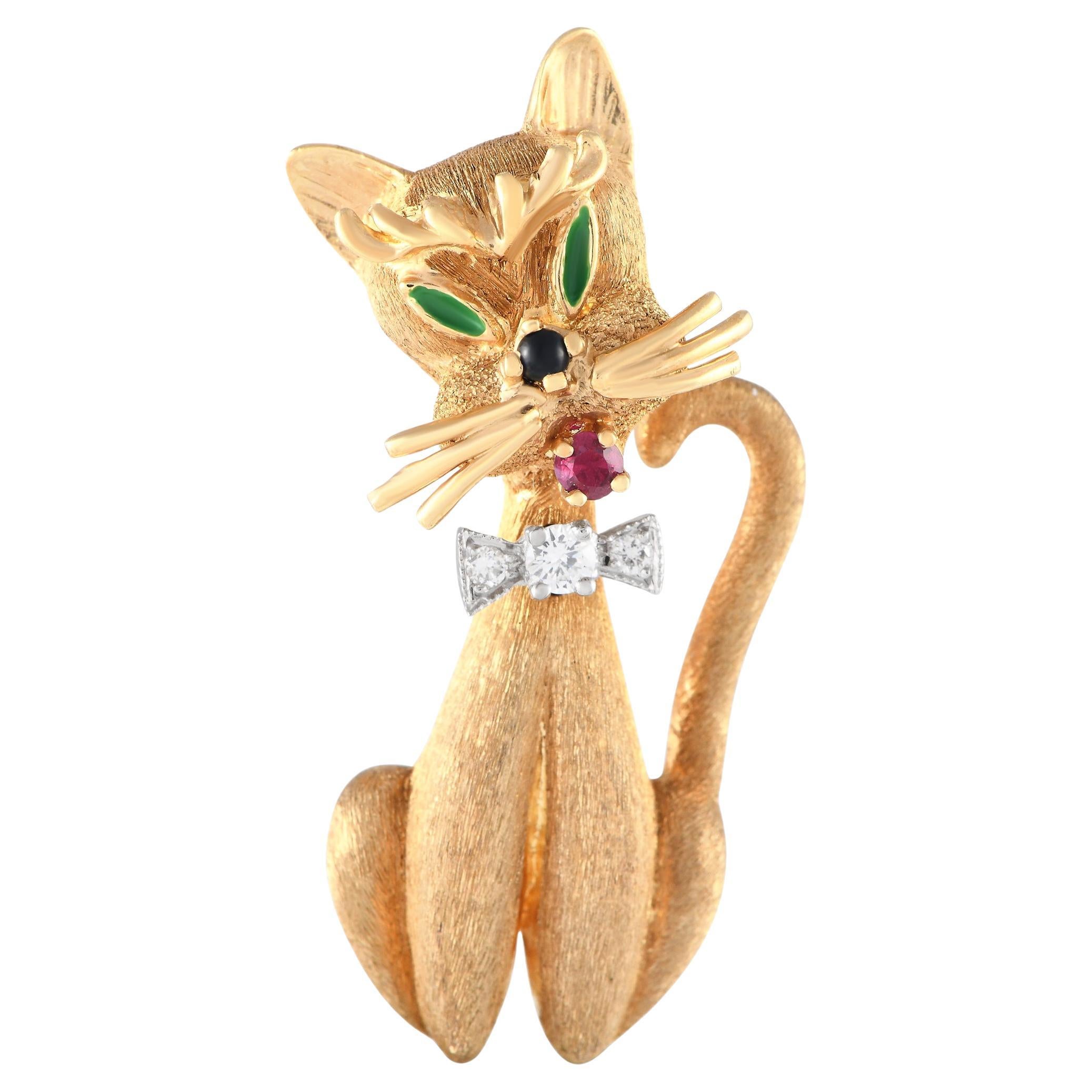 Dan Frere 14K Yellow Gold Diamond, Ruby, Onyx and Emerald Cat Brooch For Sale