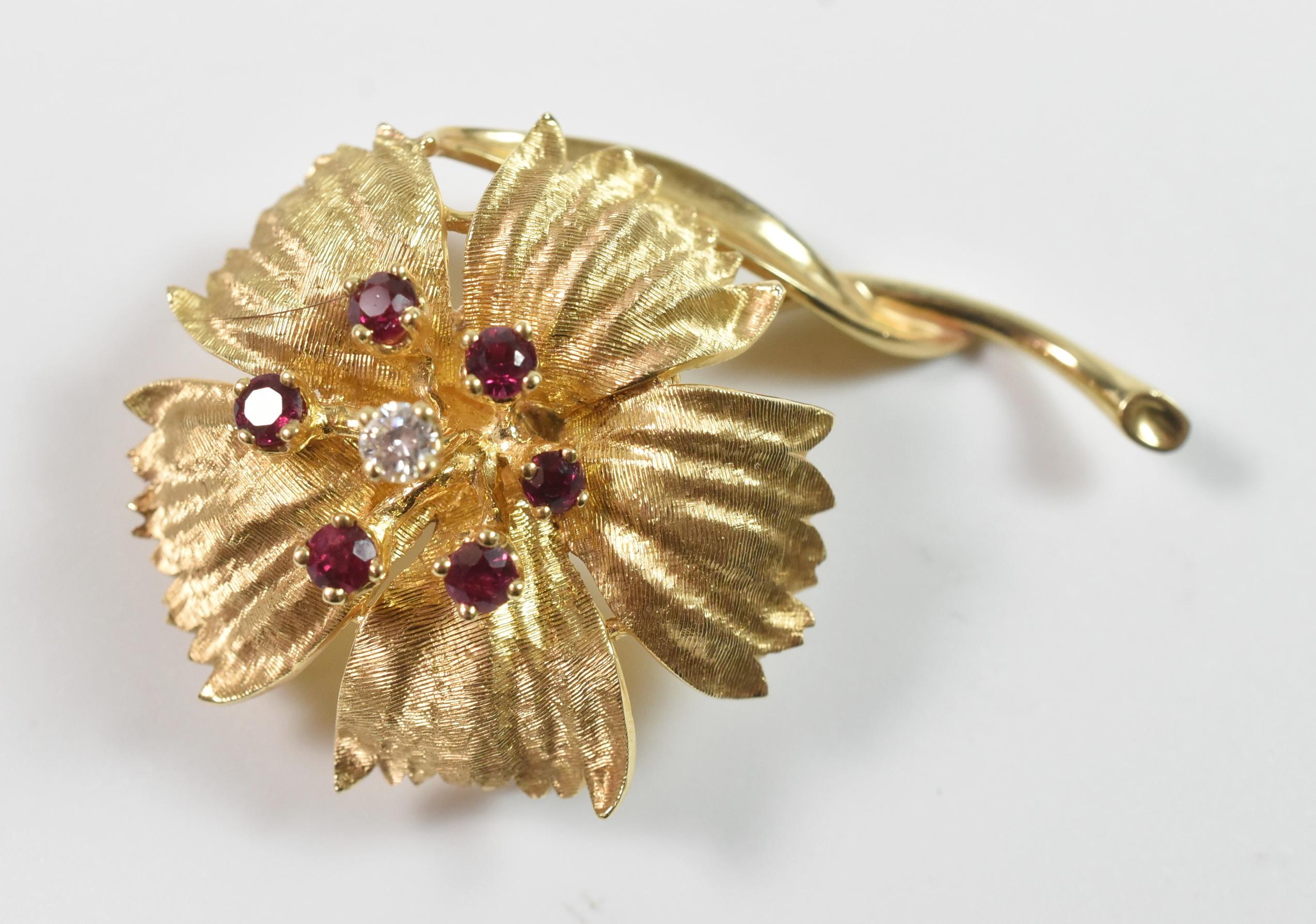 North American Dan Frere 14K Yellow Gold Floral Pin with Diamond and Rubies