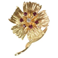 Dan Frere 14K Yellow Gold Floral Pin with Diamond and Rubies