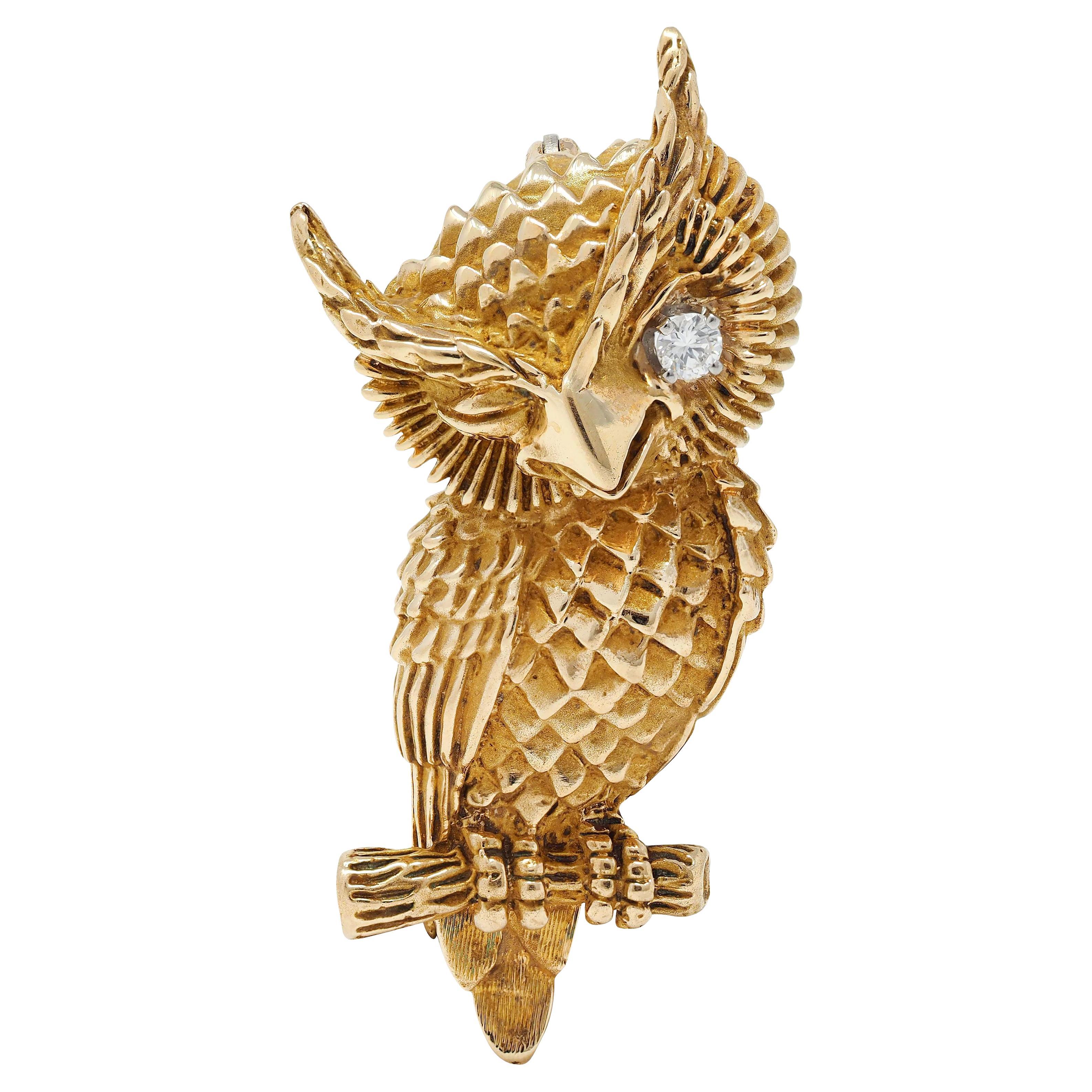 Dan Frere 1970's Diamond 14 Karat Yellow Gold Vintage Owl Bird Brooch