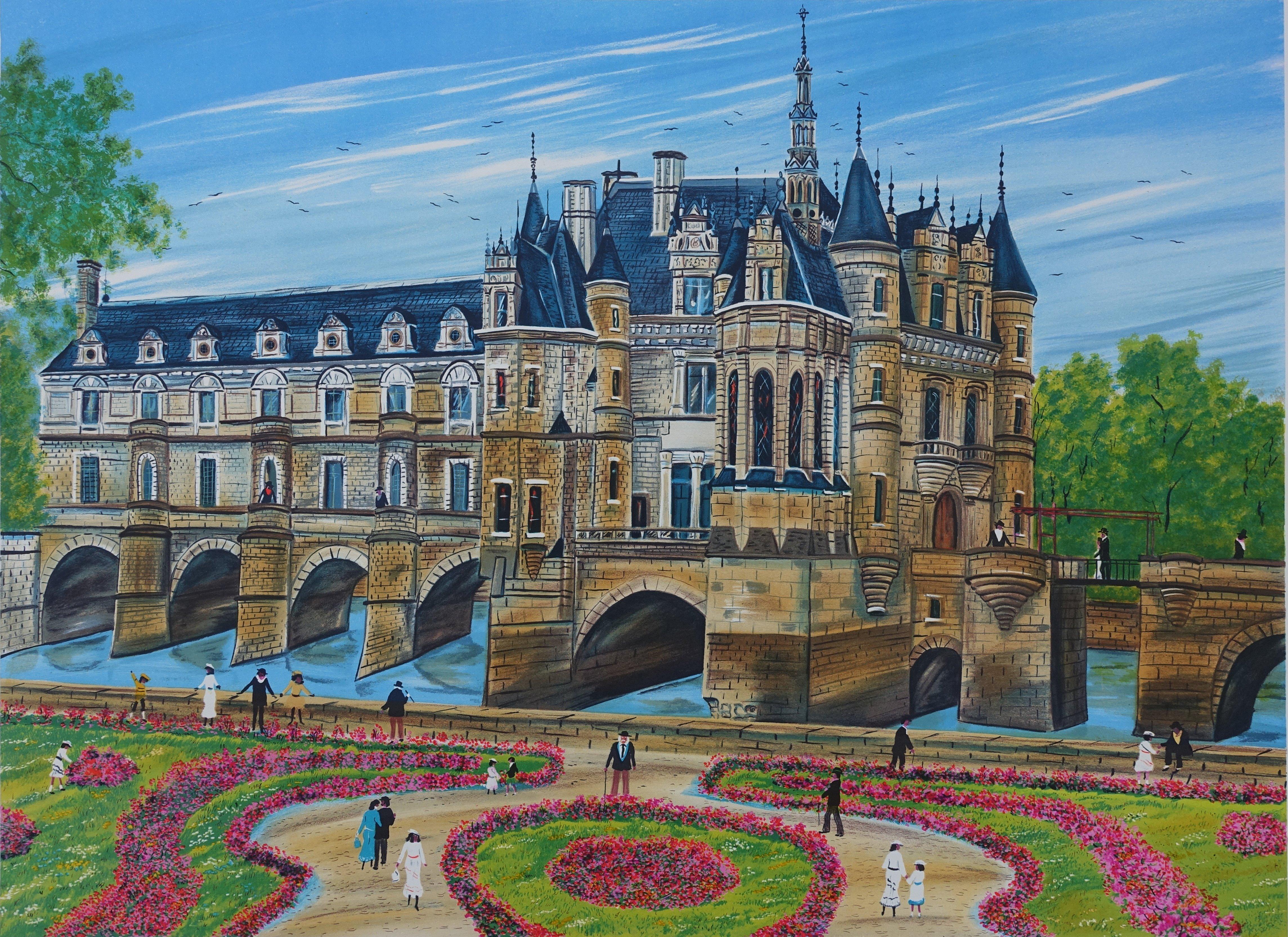 FRENCH CASTLE : Chenonceau - Original Lithograph, HANDSIGNED & Ltd /250 - Print by Dan GANDRE