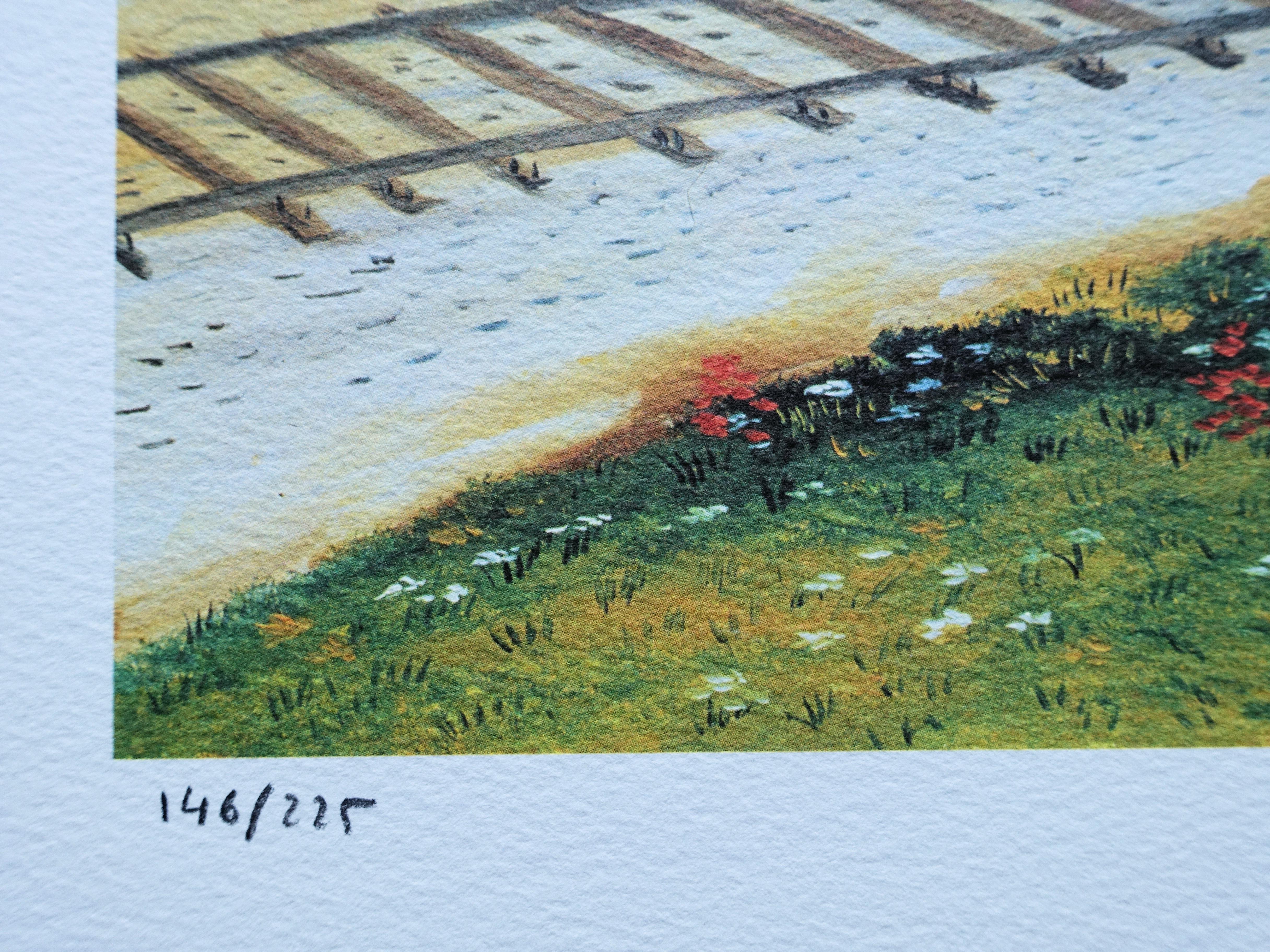 PARIS : Train to St Germain - Original Lithograph, HANDSIGNED & Ltd /225 - Blue Landscape Print by Dan GANDRE