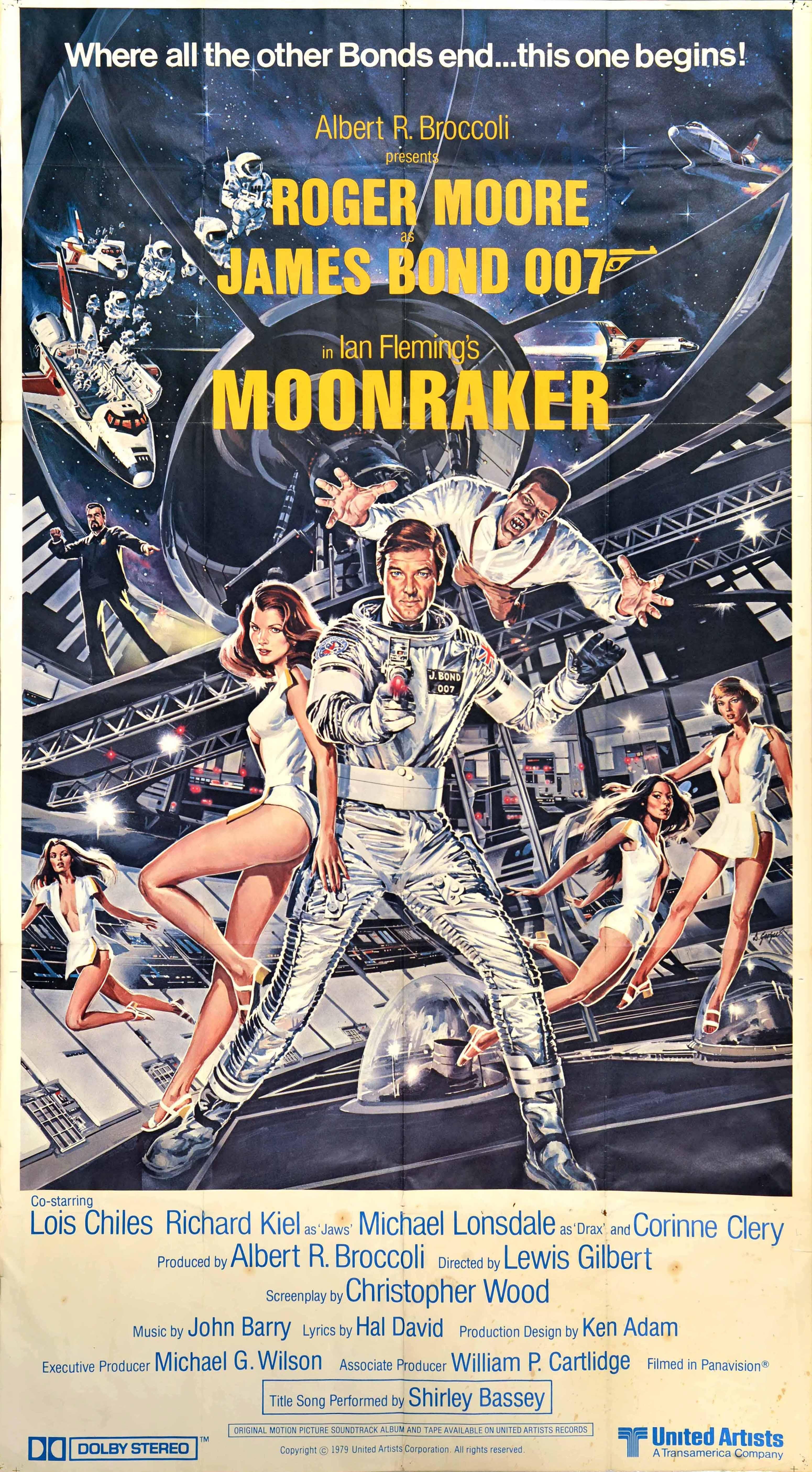Poster cinematografico originale d'epoca per il film di James Rogers Moonraker con Roger Moore, Lois Chiles (Holly Goodhead), Michael Lonsdale (Hugo Drax) e Richard Kiel (Jaws) - Dove finiscono tutti gli altri Bond... inizia questo! - con la regia