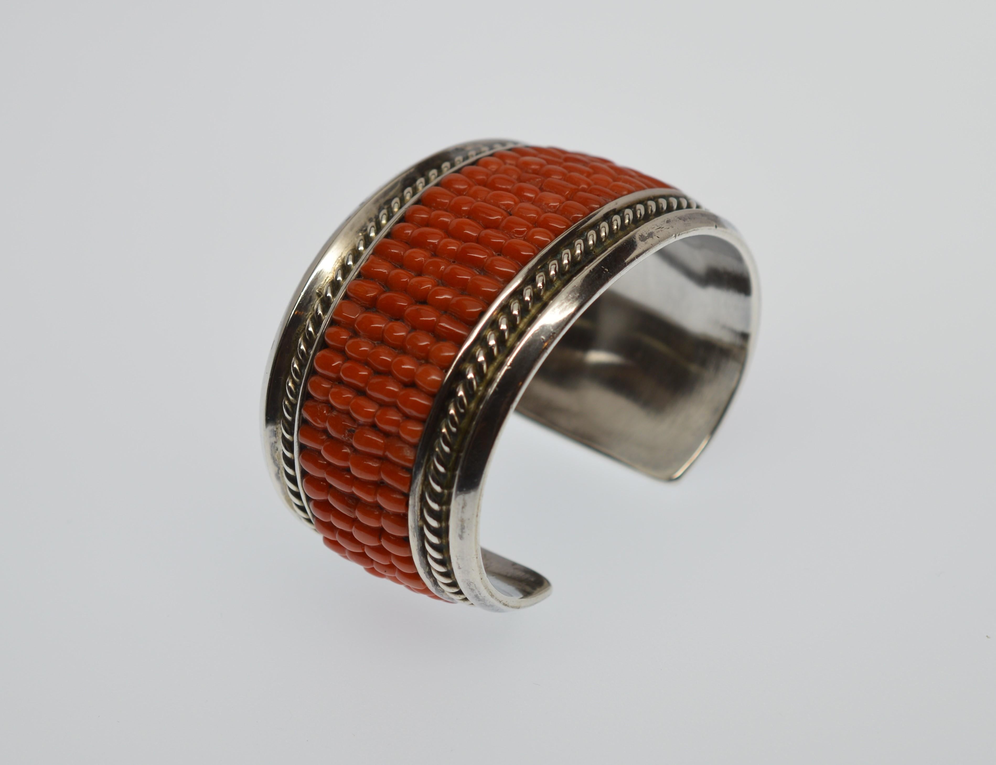 Native American Dan Jackson Sterling Silver Natural Coral Cuff Bracelet