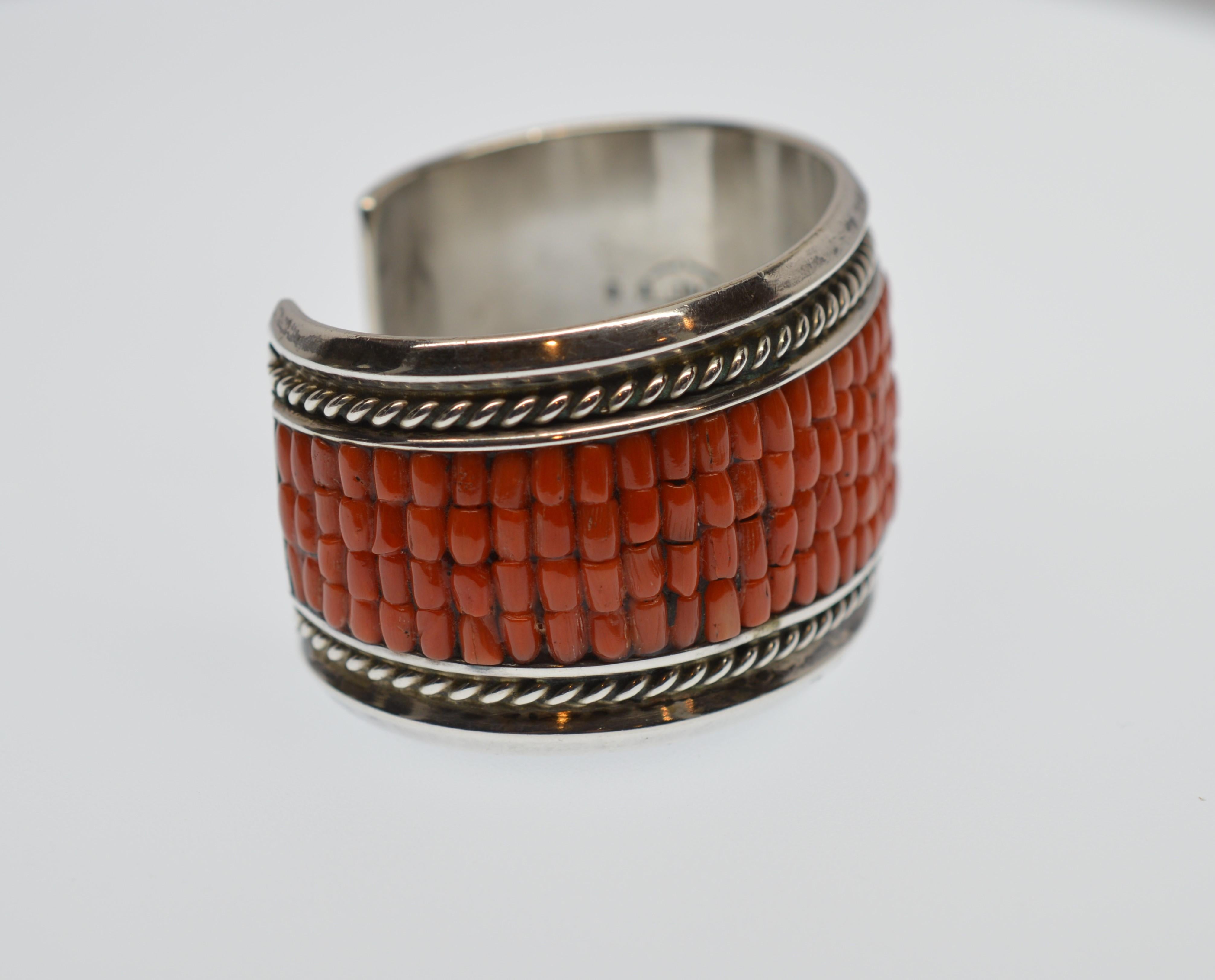 Women's or Men's Dan Jackson Sterling Silver Natural Coral Cuff Bracelet
