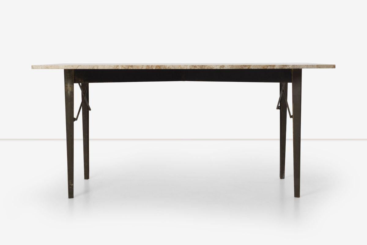 Dan Johnson dining table and or Desk for Arch Industries Inc.
Designed 1958, manufactured by Dan Johnson Studio, Rome Italy. Travertine Marble Top with wrought iron base and sheath bronze legs.