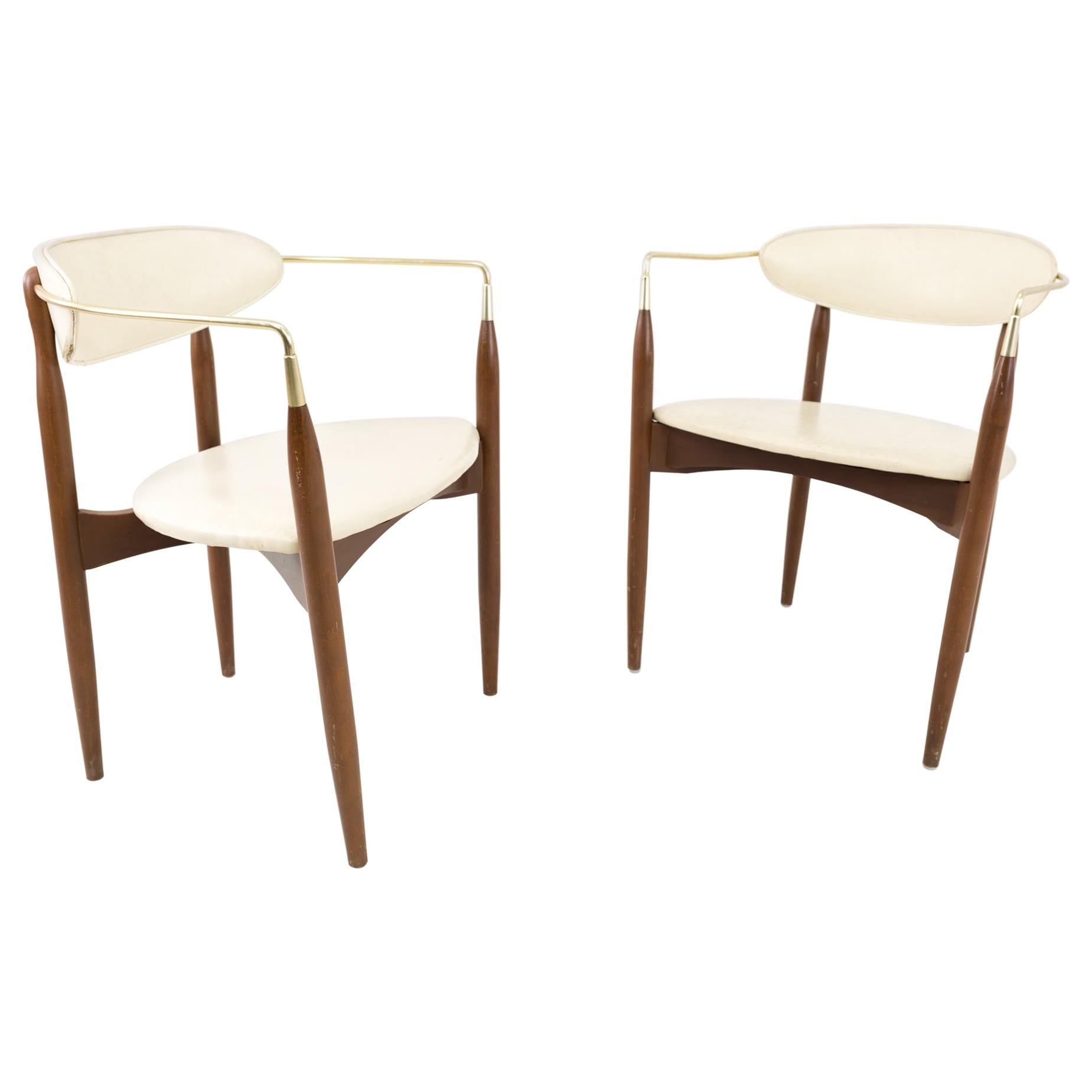 Dan Johnson for Selig Viscount Midcentury Walnut and Brass Dining Chairs, Pair