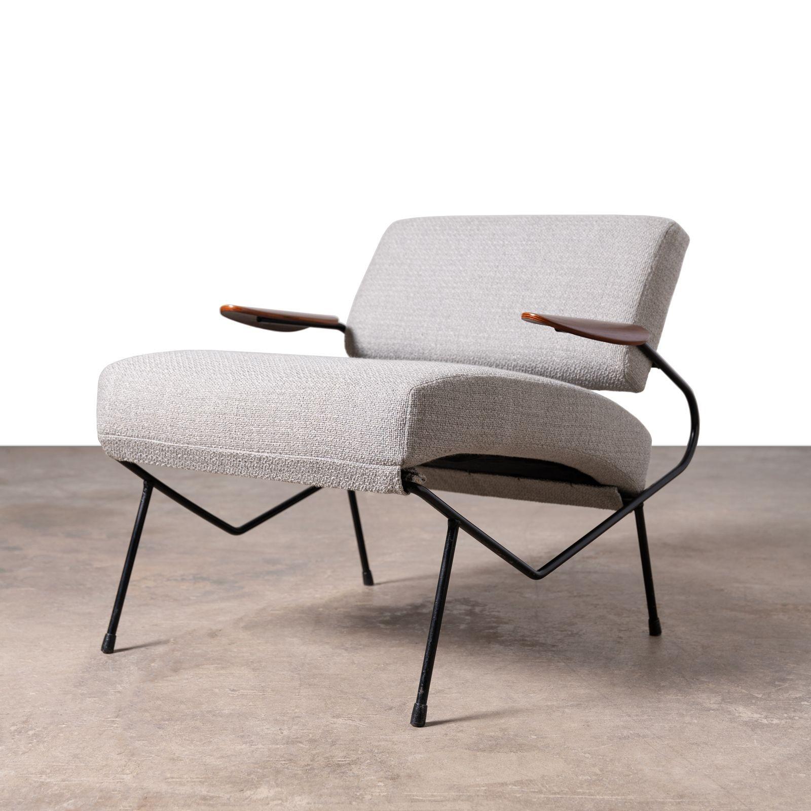 American Dan Johnson Iron Lounge Chair with Bent Walnut Plywood Armrest For Sale