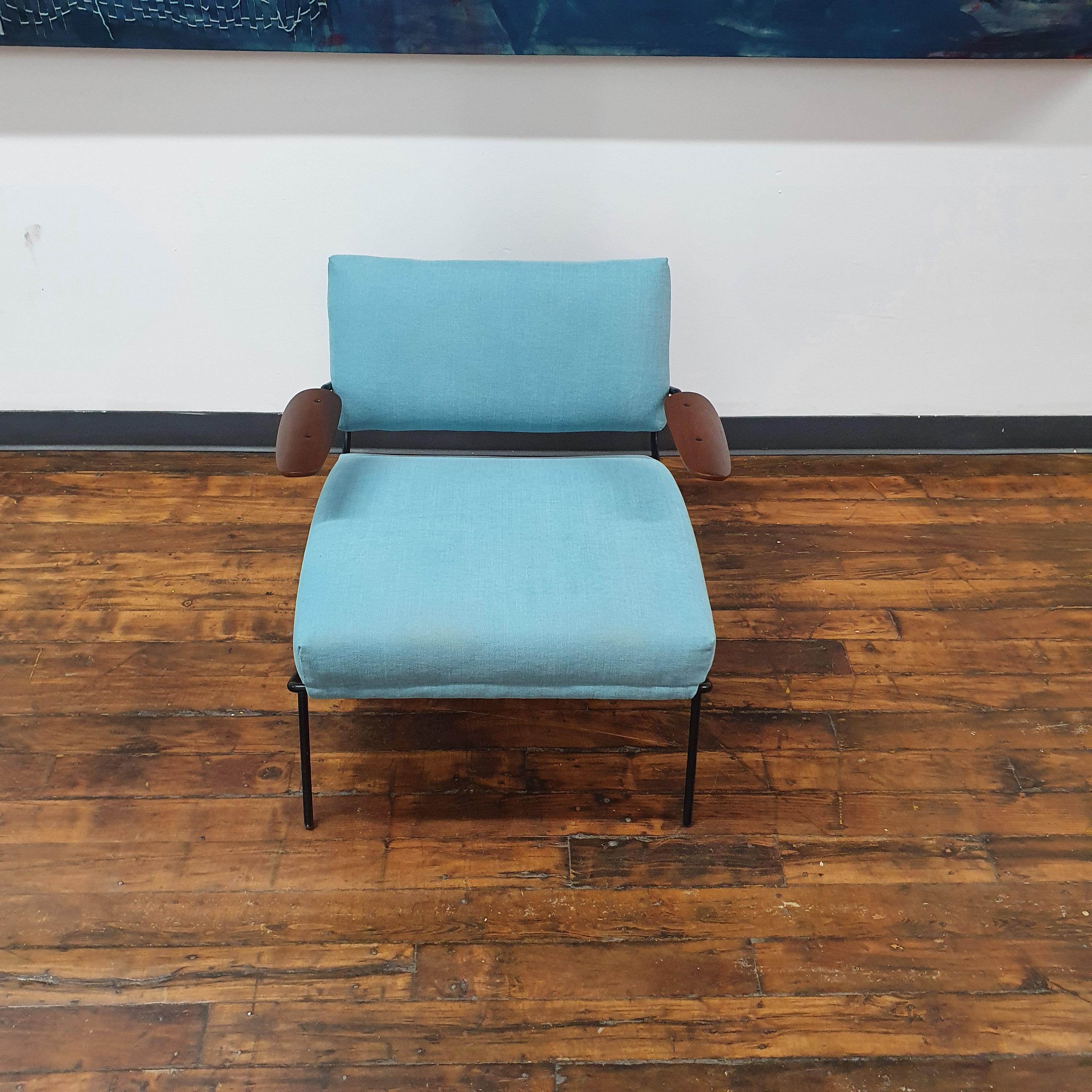 Dan Johnson Iron Lounge Chair with Walnut Armrests for Selig In Good Condition In Philadelphia, PA