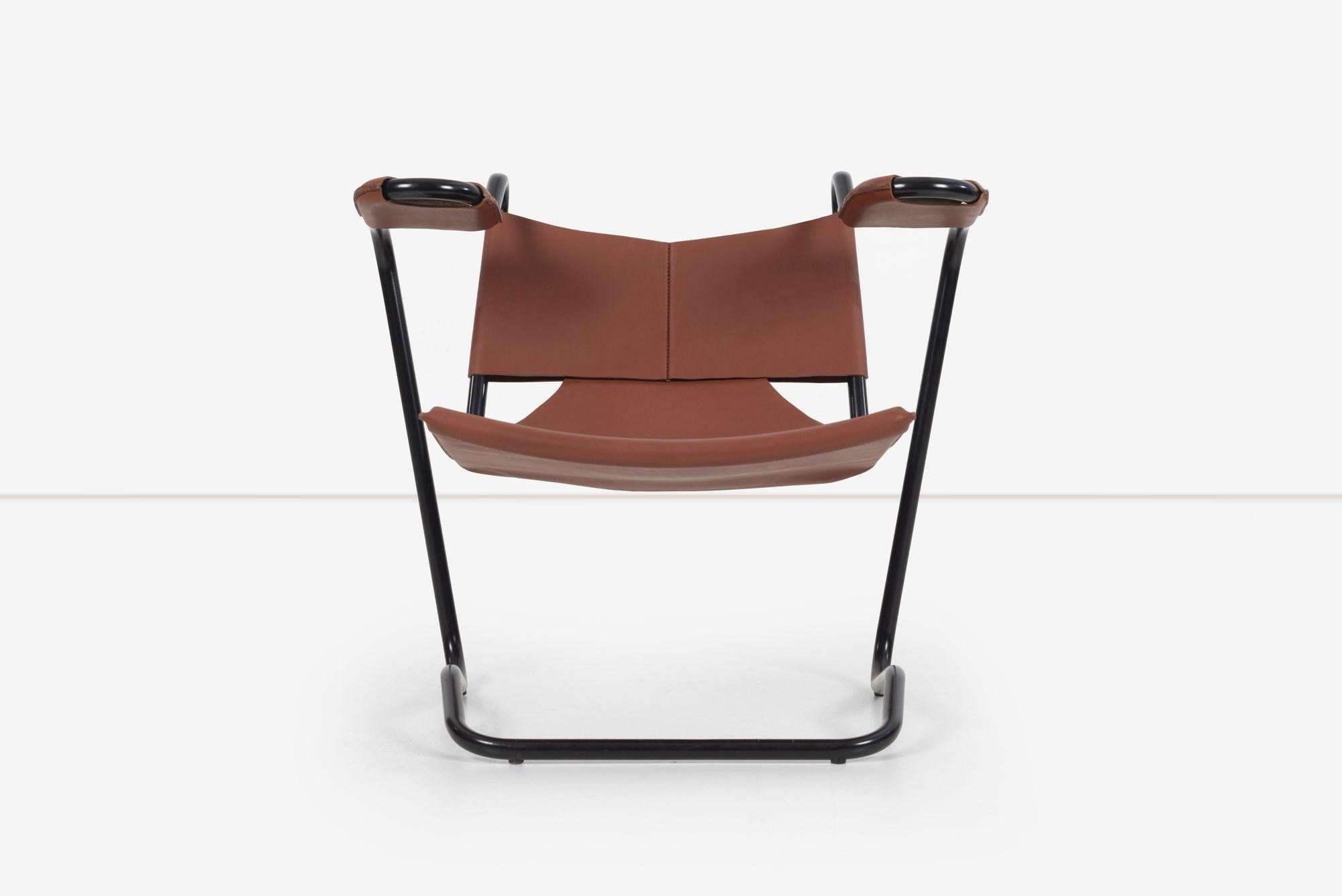 Dan Johnson leather sling chair, Tubular bent steel with leather sling, newer production from a rare series from the 1950's, exact period correct limited production 2002, Los Angeles California.