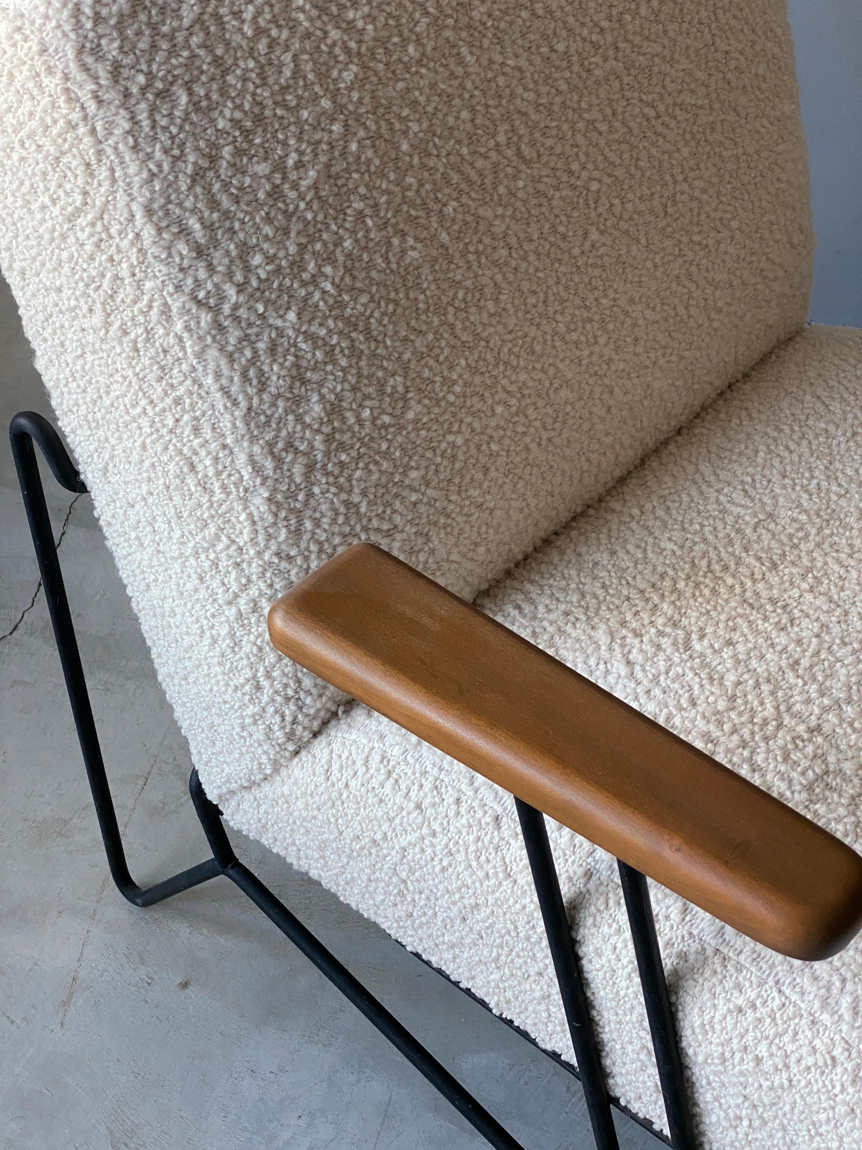 Mid-Century Modern Dan Johnson, Lounge Chair W Ottoman, Lacquered Steel Wood, Bouclé, America 1950s