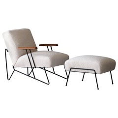 Dan Johnson, Lounge Chair W Ottoman, Lacquered Steel Wood, Bouclé, America 1950s