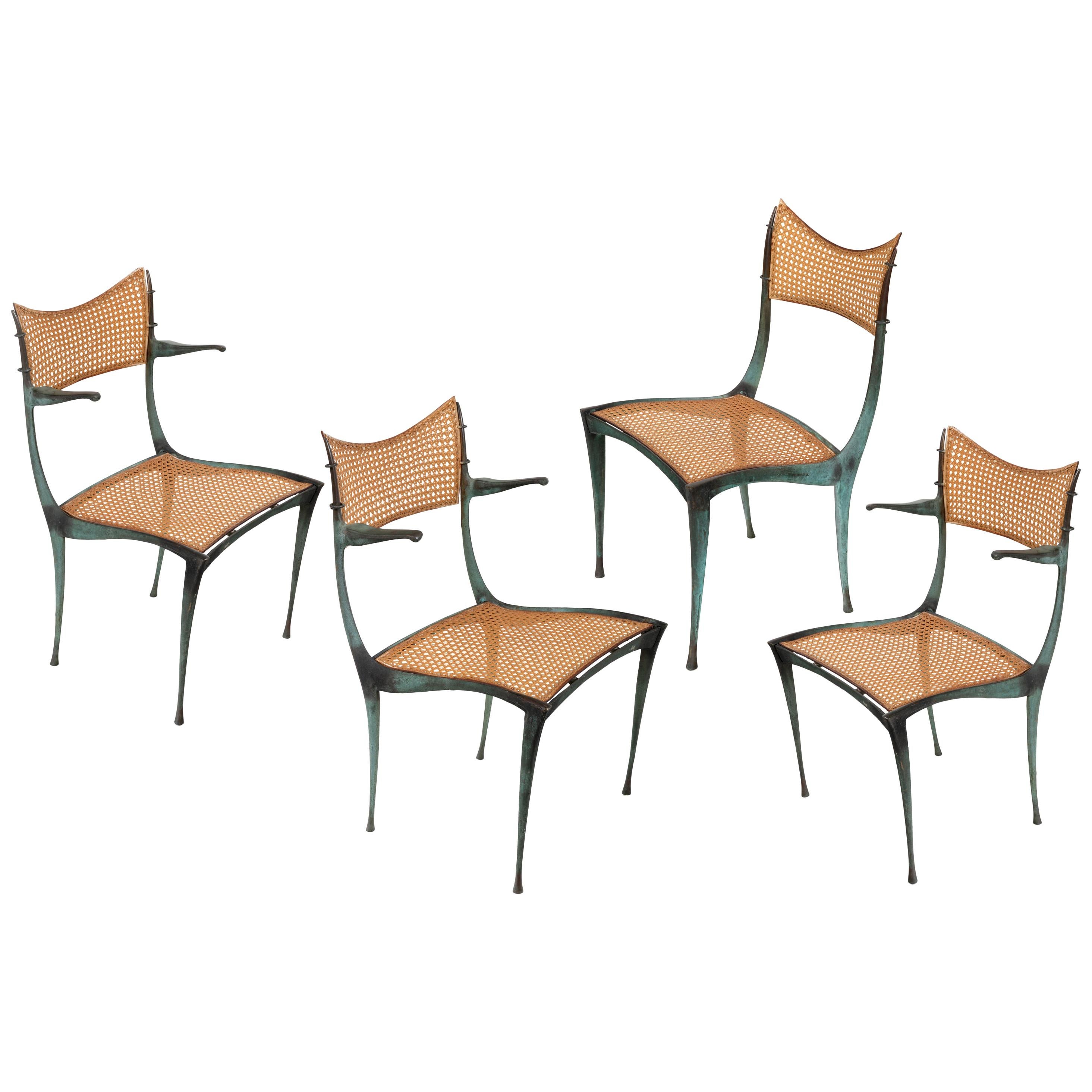 Dan Johnson Patinated Bronze and Cane "Gazelle' Chairs, USA 1950s