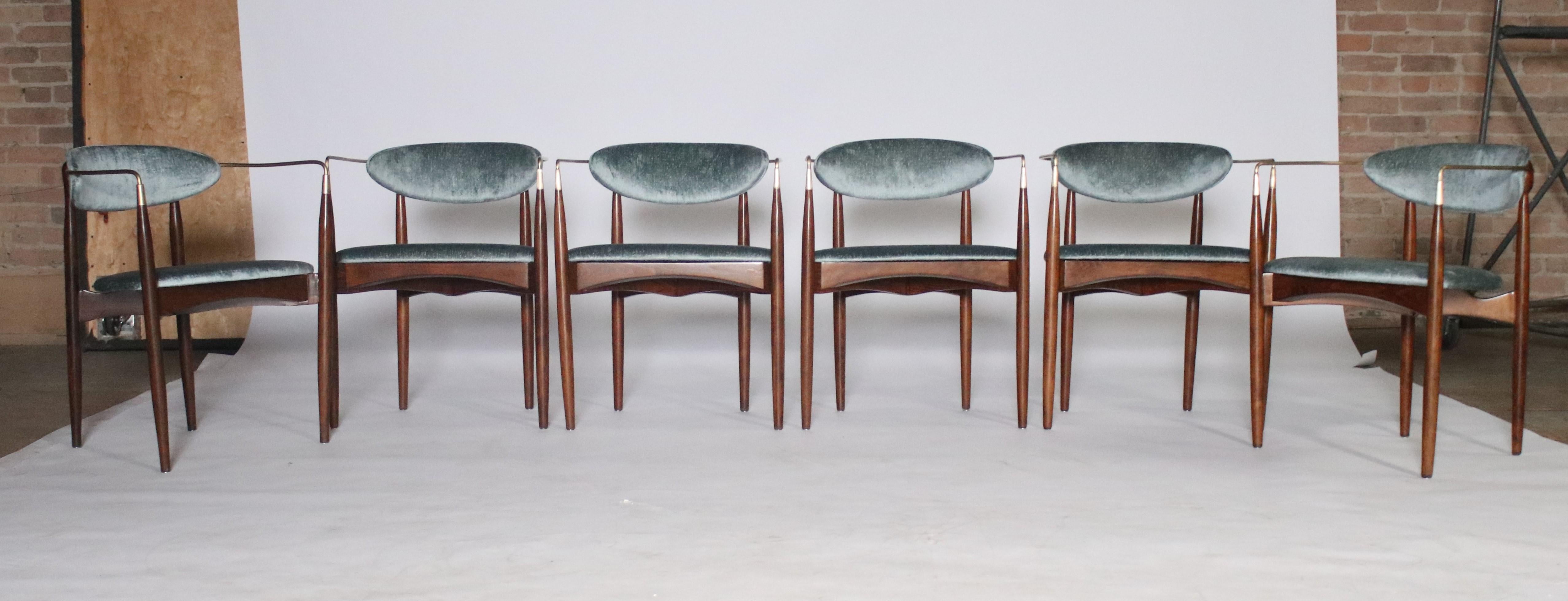 Set of 6 Viscount chairs designed by Dan Johnson all newly restored in walnut and brass details and upholstered in aqua velvet fabric.