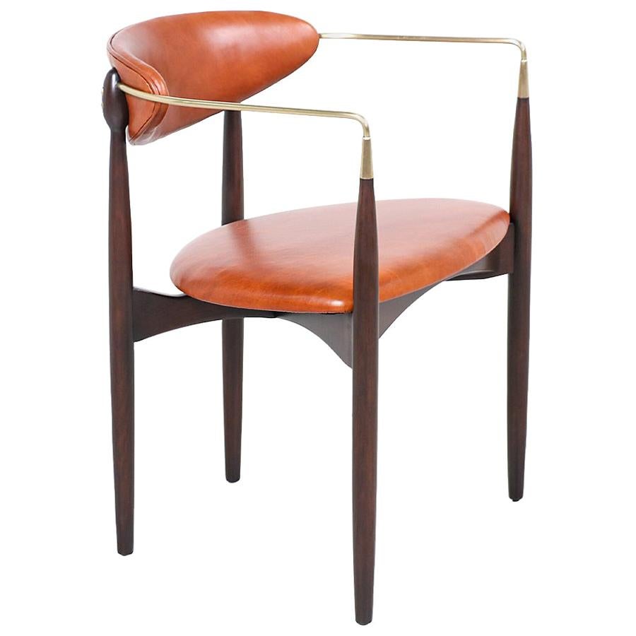Dan Johnson “Viscount” Cognac Leather and Brass Accent Armchair for Selig