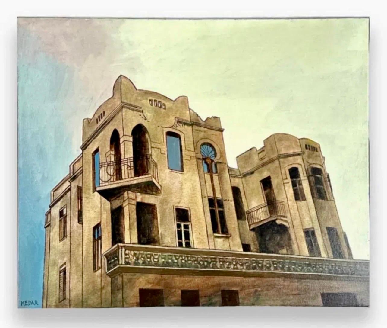 Quadro di architettura israeliano modernista su tela ad olio Dan Kedar, artista di Bezalel in vendita 1