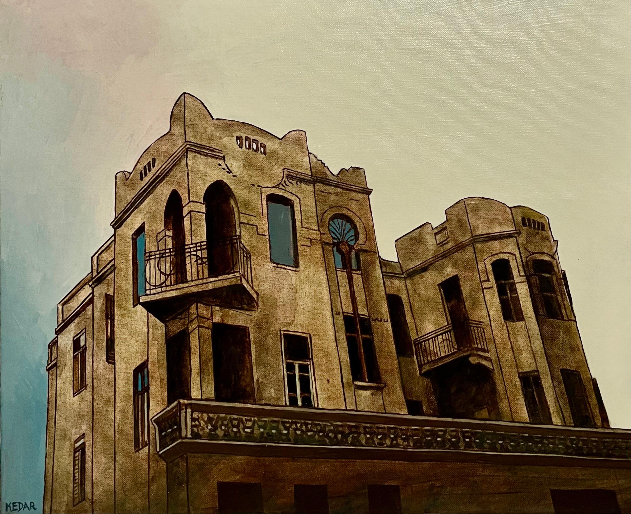 Quadro di architettura israeliano modernista su tela ad olio Dan Kedar, artista di Bezalel in vendita 2