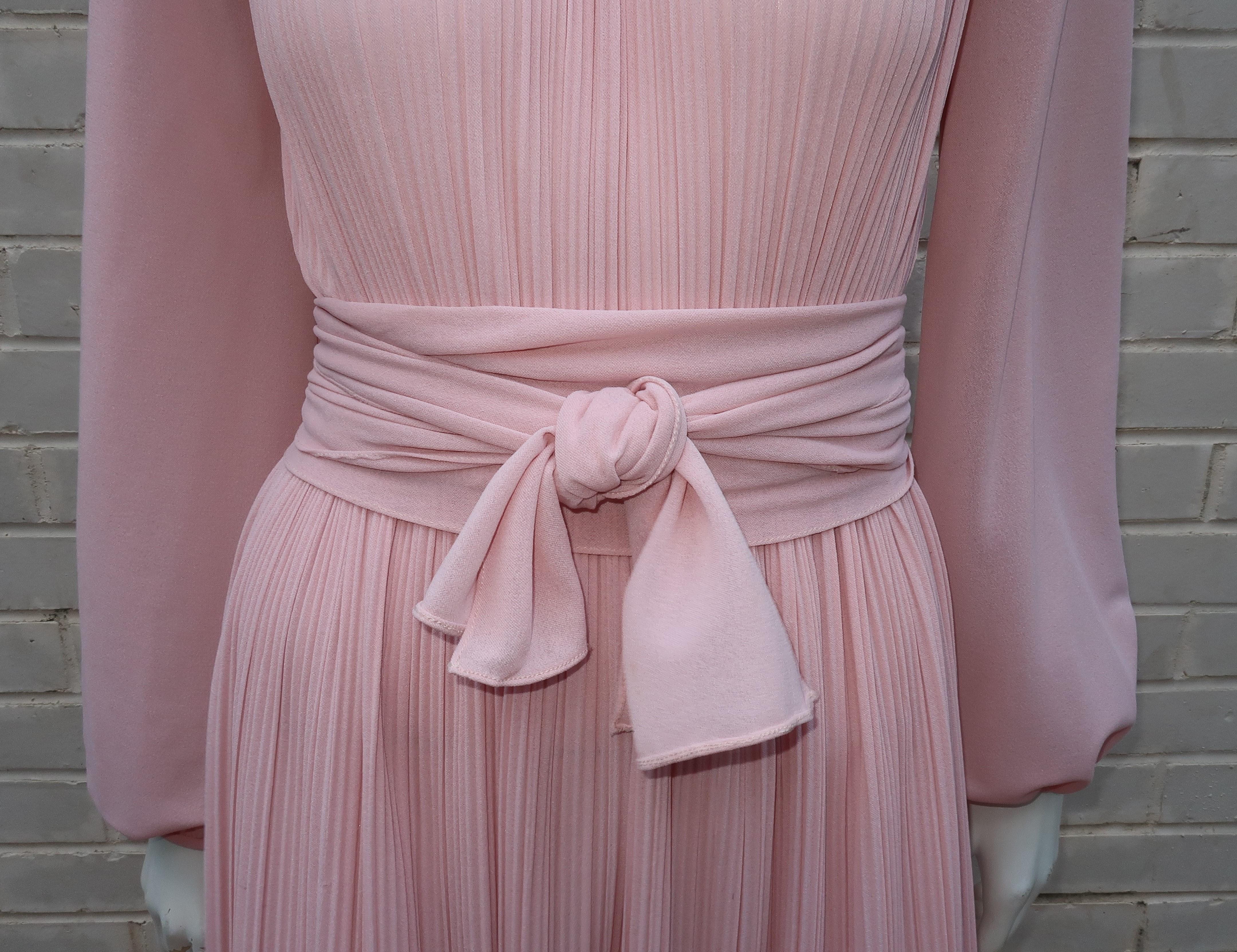 Dan Lee Couture Pale Pink Delphos Style Evening Dress, 1970's In Good Condition In Atlanta, GA