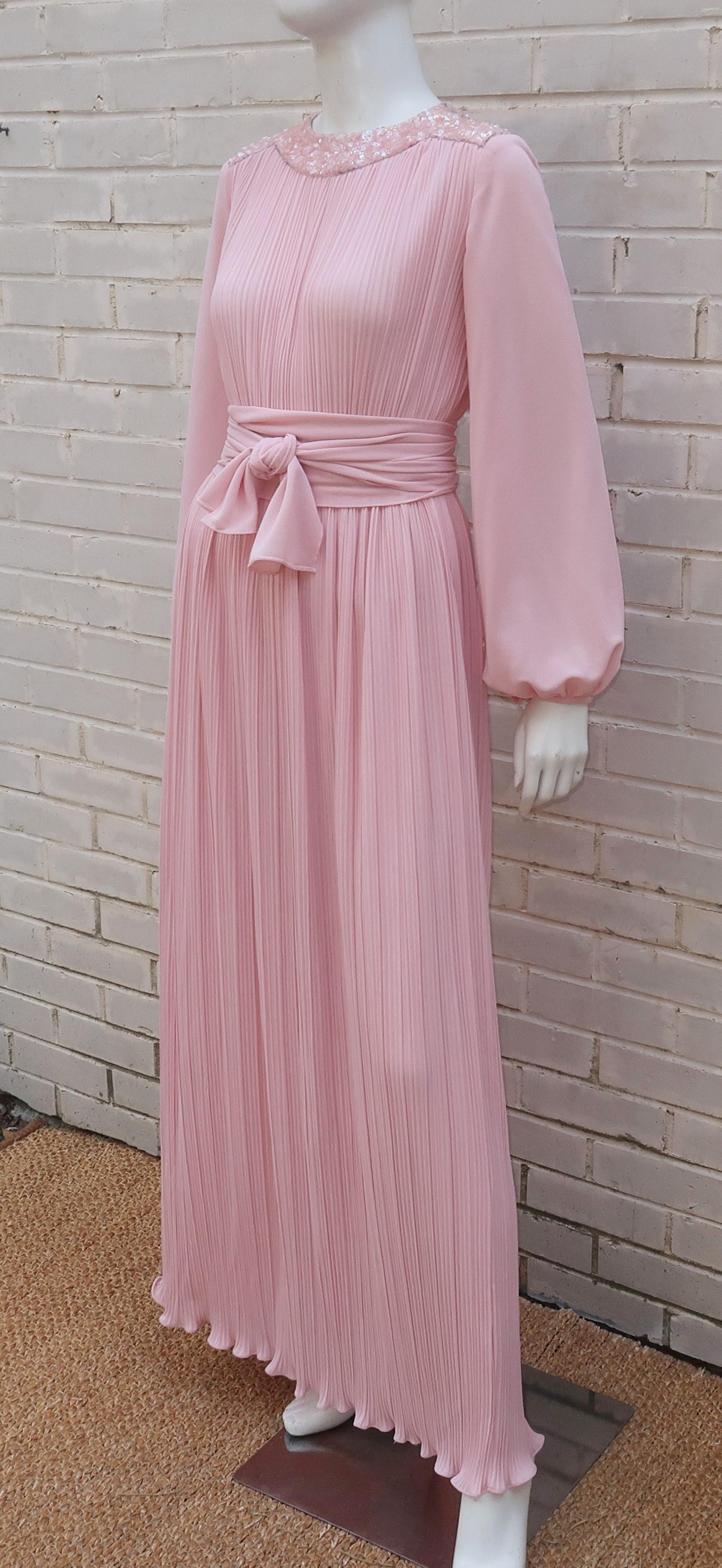 Dan Lee Couture Pale Pink Delphos Style Evening Dress, 1970's 1