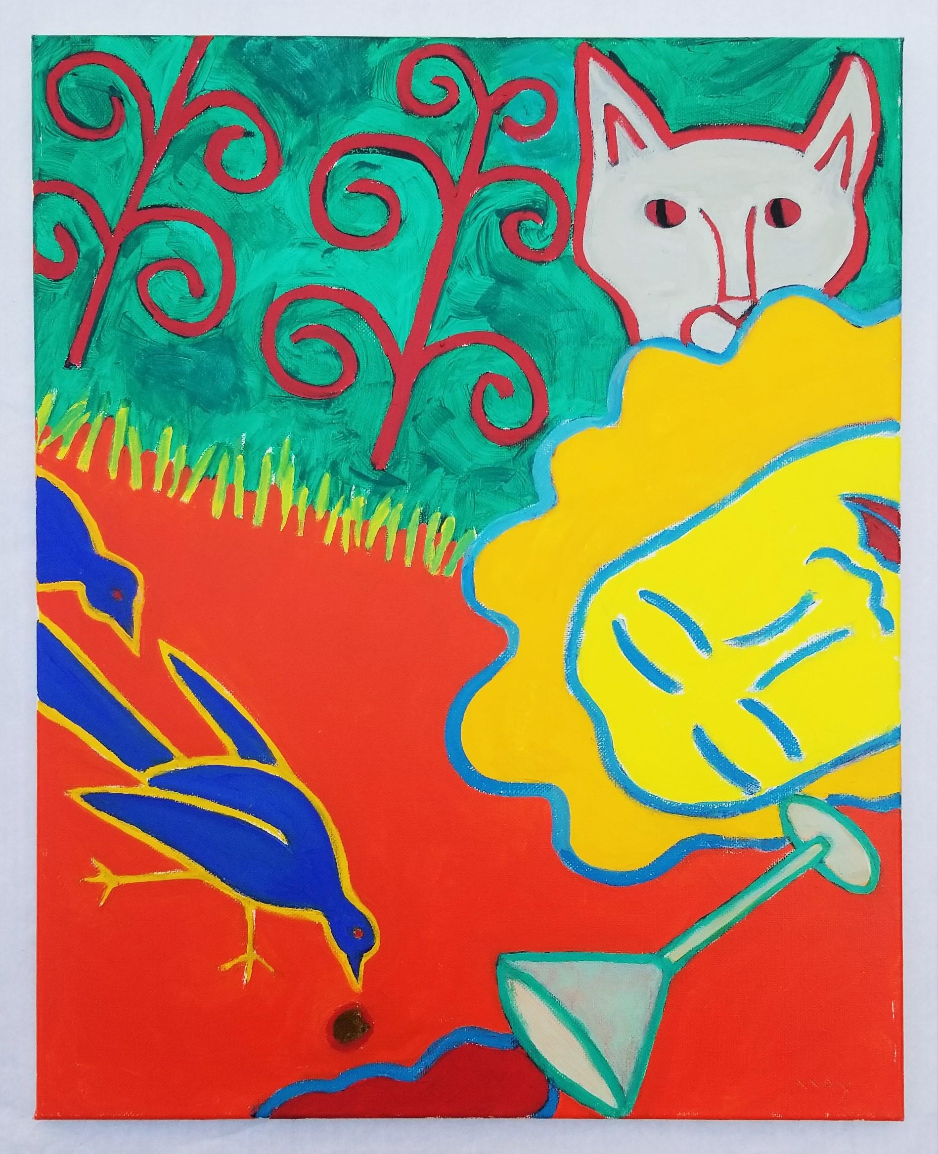 Dame mit Vogel und Katze /// Zeitgenössische Pop Art Malerei Weinglas Interieur  – Painting von Dan May